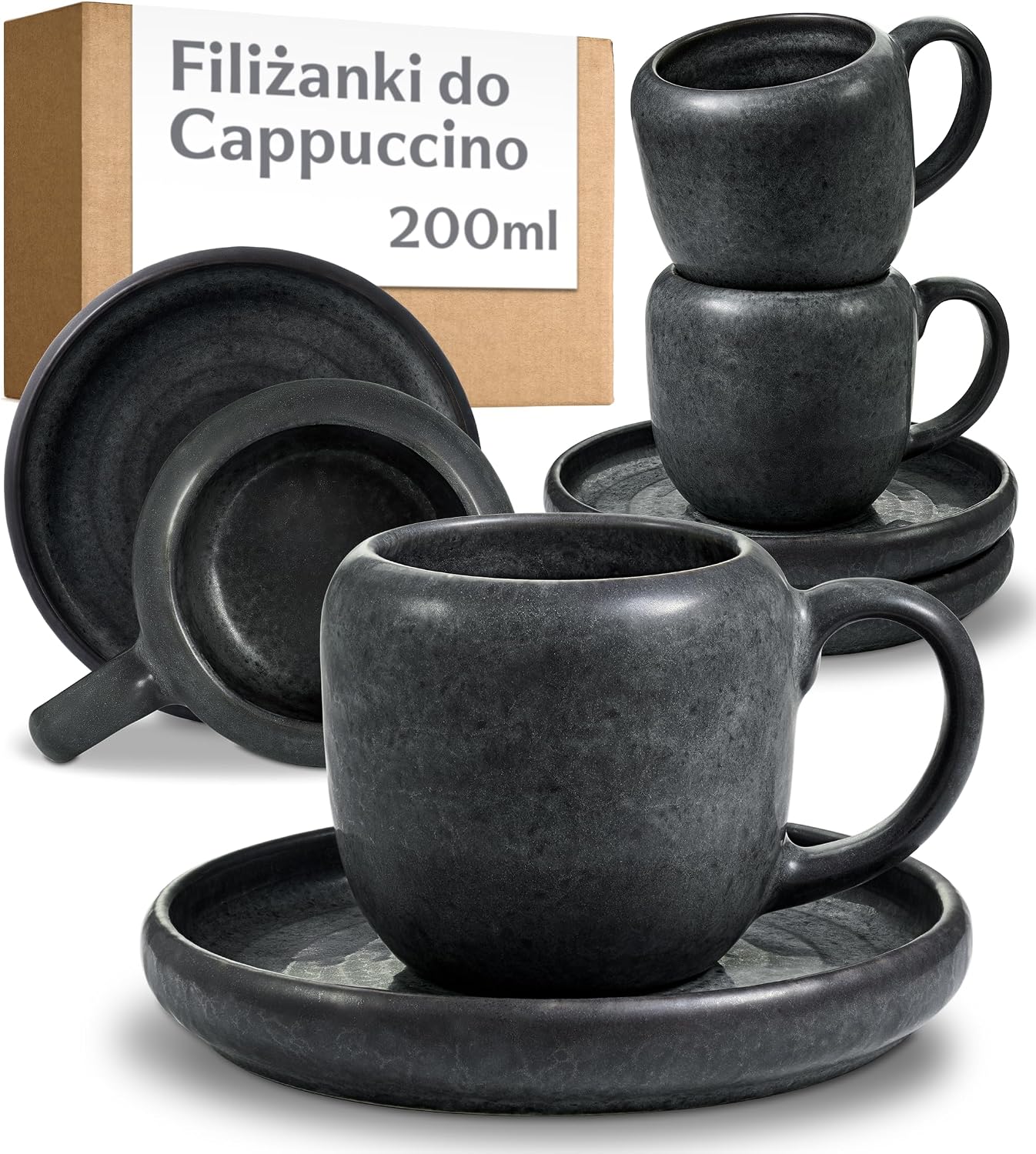 Cosumy Filiżanki do Cappuccino 4 Szt. 200 ml – Zestaw Filiżanek do Kawy z Talerzykiem w Czarnej Ceramice – Ergonomiczne Ucho, Grube Ścianki – Do Mikrofalówki i Zmywarki – Zestaw na 4 Osoby