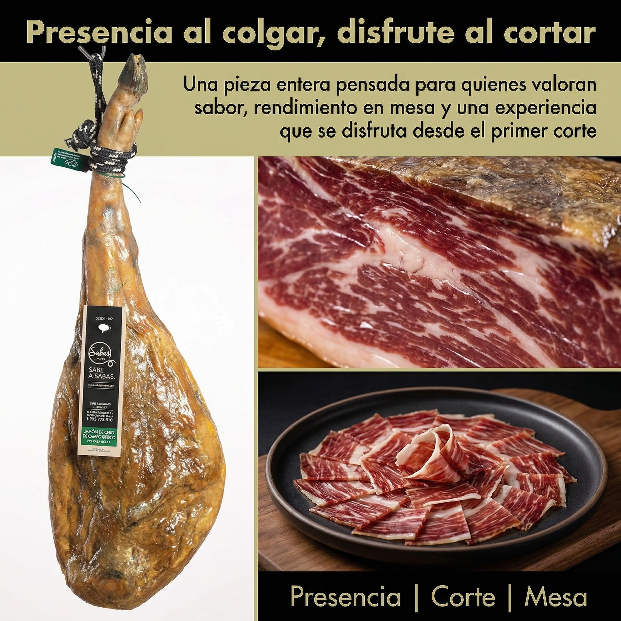 SABE A SABAS Jamón Ibérico de Cebo de Campo 75% Raza Ibérica Pieza Entera con Pata 7-8 kg Curación 36 Meses Sabor Intenso Gourmet Tradición Sevillana Selección Premium Regalo Navidad