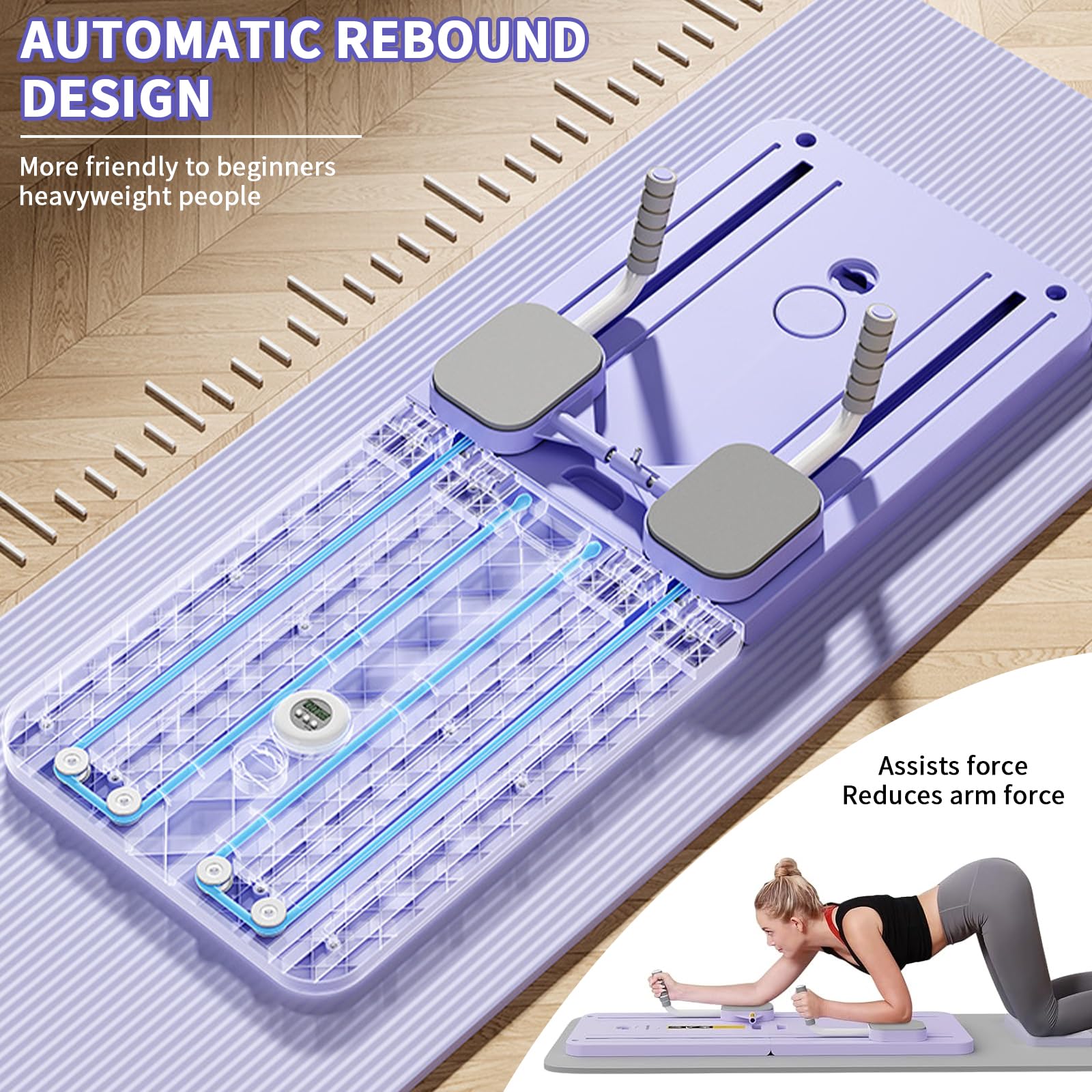 VHV Pilates Reformer Compact, 4 en 1 Pilates Pliable,La roue abdominale push-up rebondit automatiquement Minuterie,Planche Abdominale Pilates Multifonction pour la Maison et la Salle de Sport (Violet)
