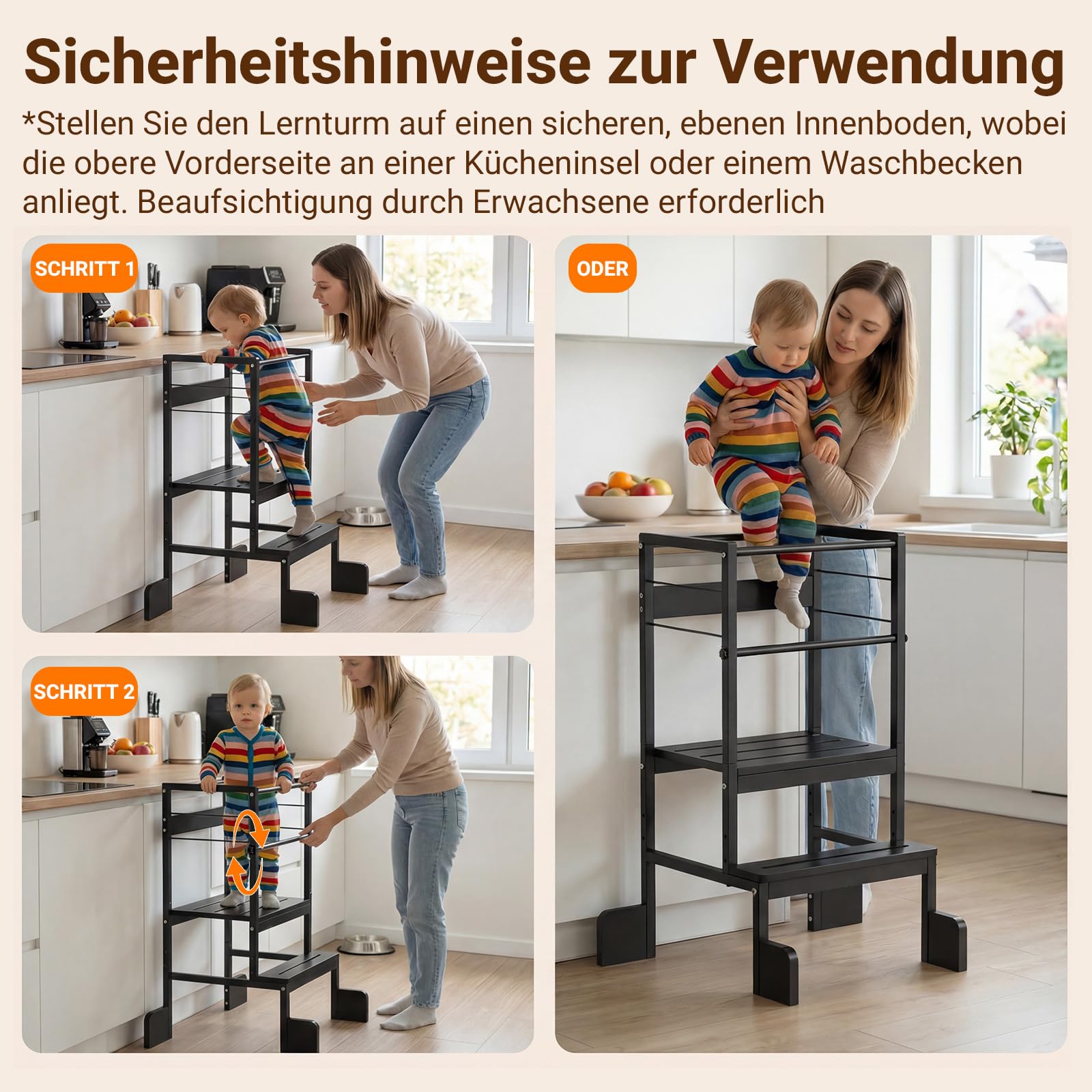 COSYLAND Lernturm ab 1 Jahr Montessori Learning Tower Stahl Stabil, Schwarz | Stabiler Toddler Tower mit 4 Stützfüßen & Rutschschutz. 3-fach höhenverstellbar für Kinder ab 2 Jahren in Küche.