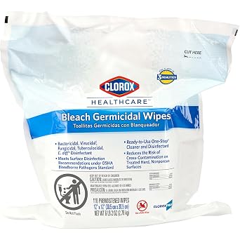Clorox Healthcare Bleach Germicidal Wipes, 12" x 12", Refill for Bucket, 110 Count Pouch Package May Vary