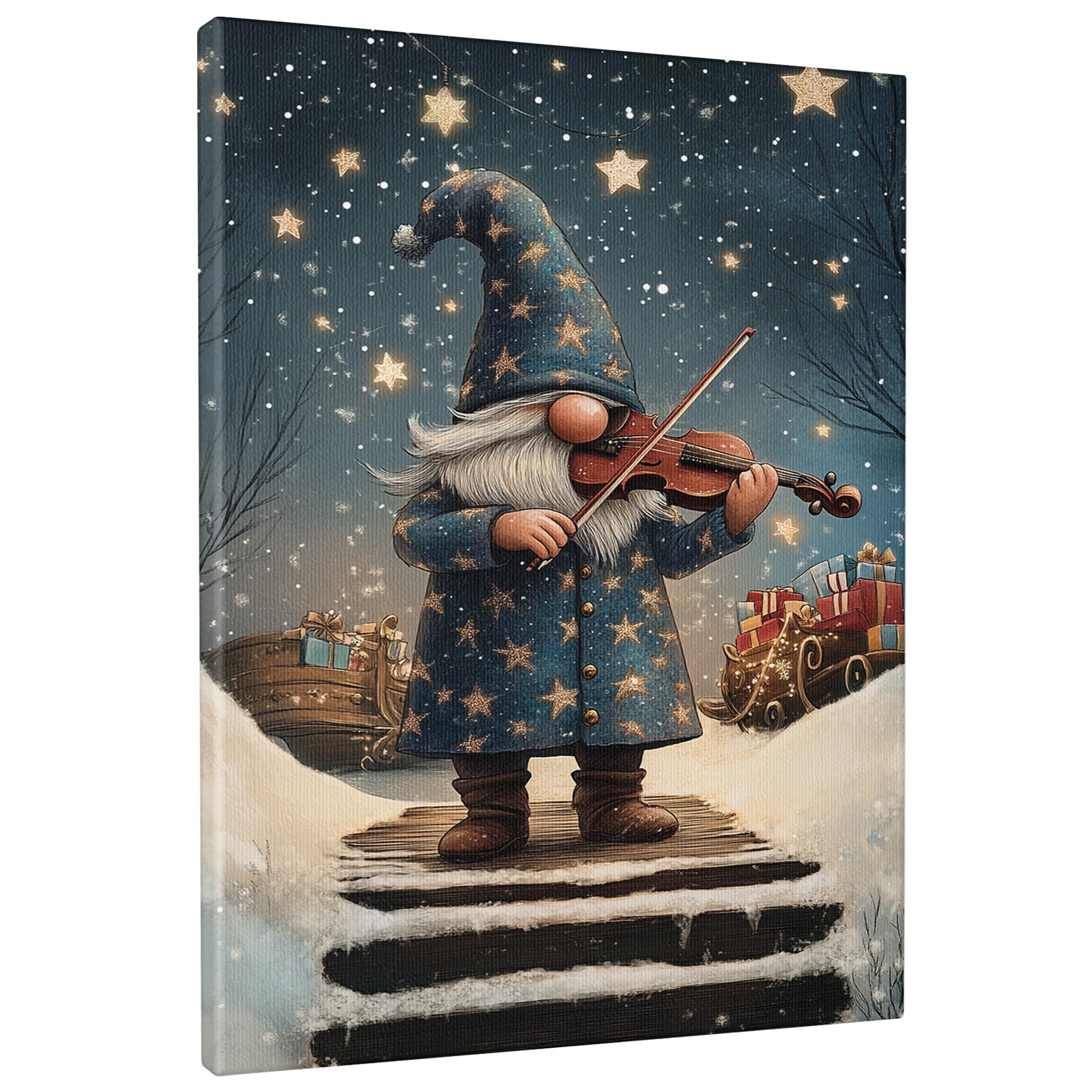 Gnome Playing Violin Canvas Wall Art, Blue Starry Christmas Decor, Winter Holiday Aesthetic Artwork for Living Room, Bedroom, Unframed 8x12 Inch