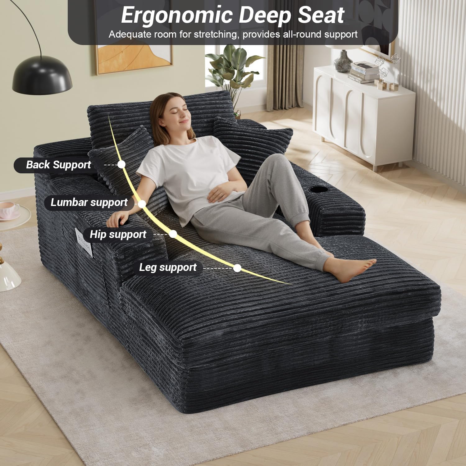 49"W x 76"D Super Oversized Chaise Lounge Chair Indoor Boneless Reading Chair Corduroy Recliner Deep Seat Sleeper Fluffy Comfy Sofa Bed Couch with Cup Holders for Living Room Bedroom, Dark Gray