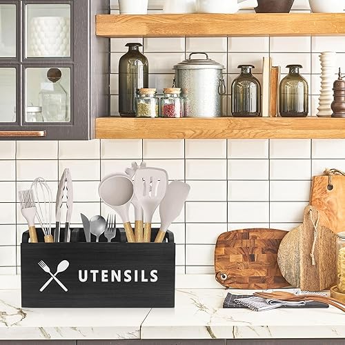 Miniatura 7 de Soporte grande para utensilios de cocina, utensilios de cocina con 3 compartimentos, decoración de cocina de granja de madera para cubiertos,