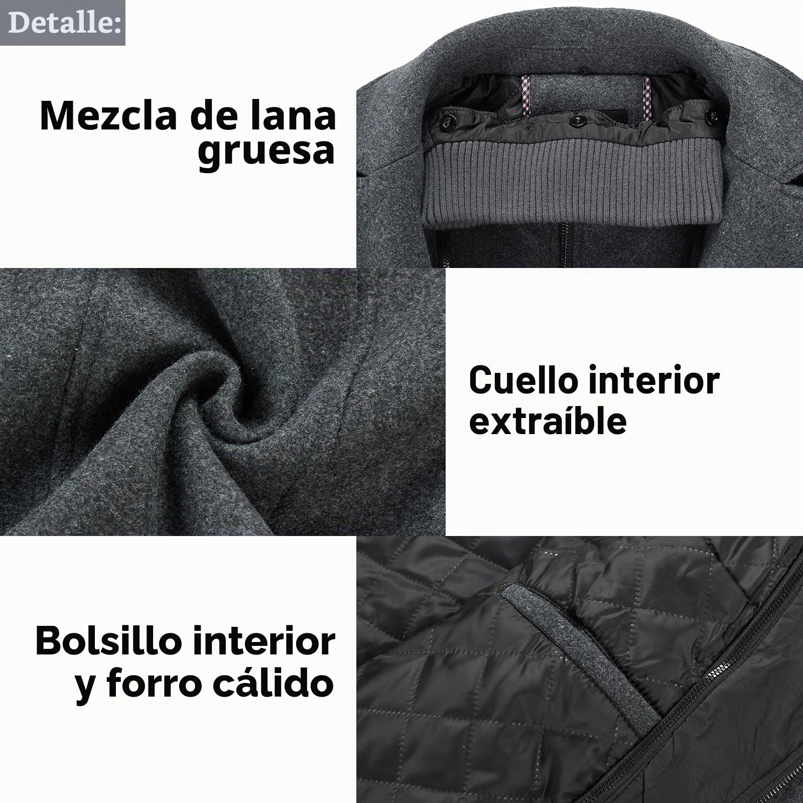 Kudoro - Abrigo para hombre, de lana caliente, medio largo, invierno, para abrigo, diseño clásico, parka, gris, XXL