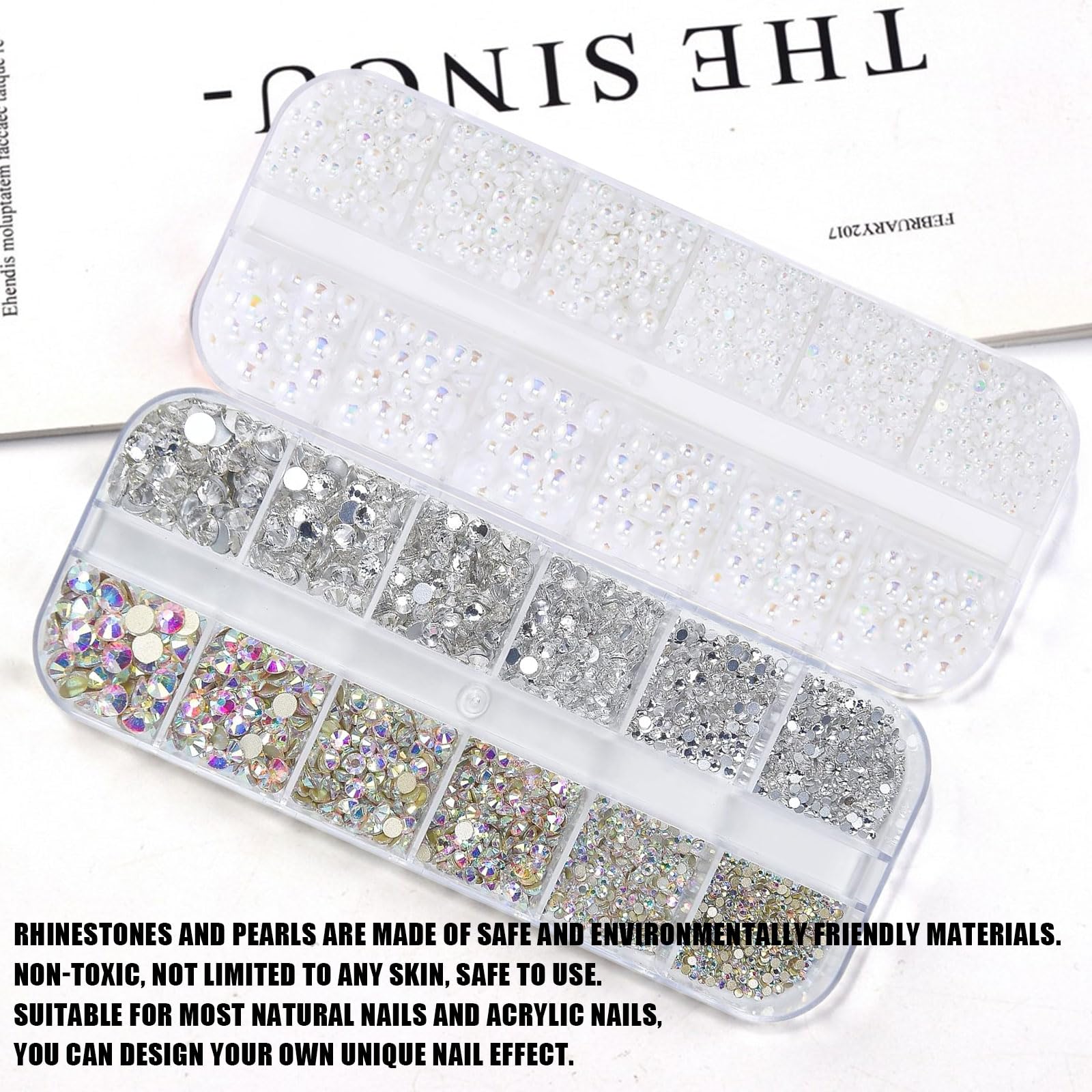 Rhinestones & Pearls Nail Art Decoration - 2 Boxes, 48pc 3D & Flat Back Crystal Nails, AB, White, DIY Crafts - Image 3