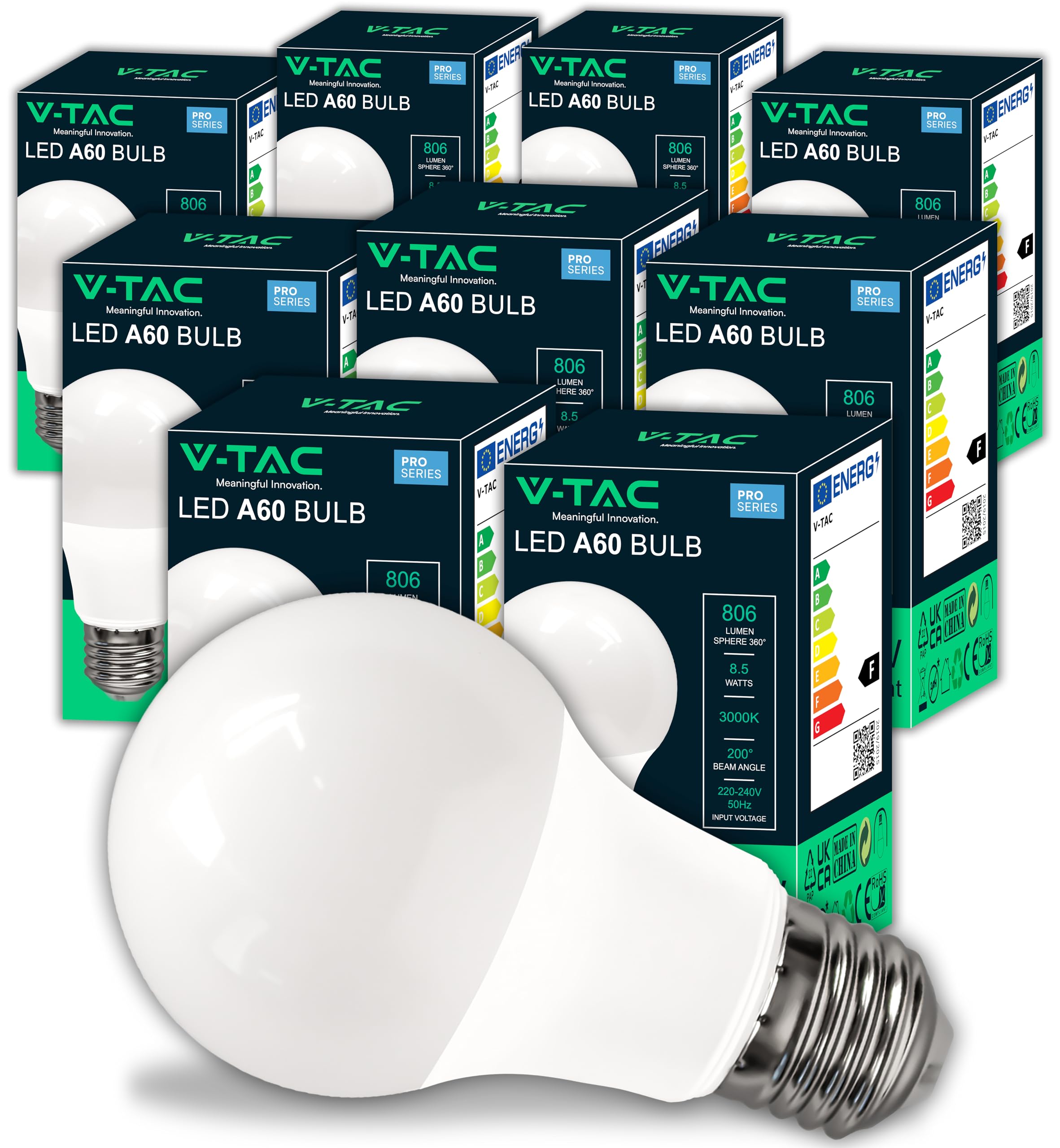 V-Tac Blanco Cálido 10X Bombillas Led E27-8,5W – [Altísima Eficiencia] – A60 - (Equivalente A 60W) - 806 Lumen - Apertura Del Haz De Luz 200° - Bombilla Ahorro Energético - 3000K