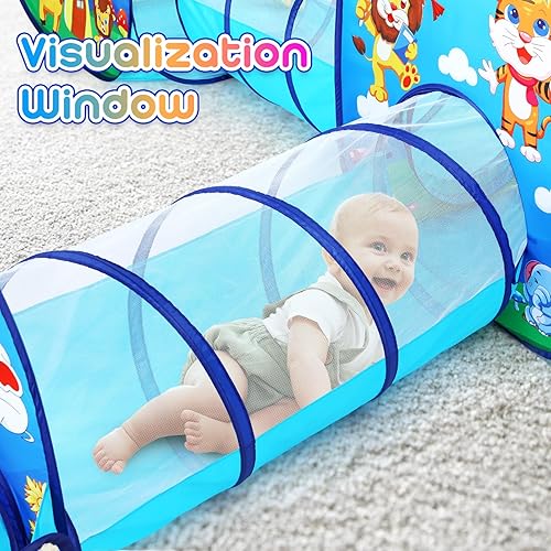 Miniatura 6 de Tienda de campaña de juego para niños pequeños de 5 piezas con 1 hoyo de pelotas de bebé, 2 túneles de gateo para bebés, 2 tiendas de campaña