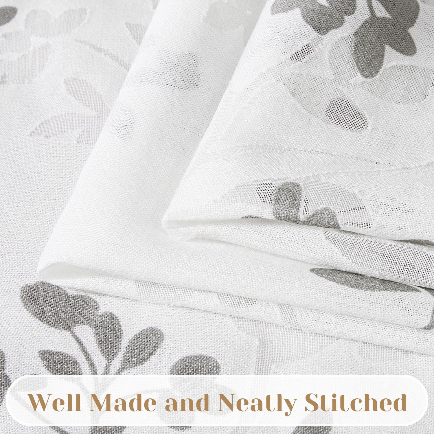 HOMEIDEAS Privacy Semi Sheer Curtains, Light Filtering White and Grey Printed Leaves Floral Curtains 63 Inches Length 2 Panels, Window Drapes for Living Room Bedroom, 52 X 63 Inch