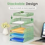 Marbrasse 5 Tier Stackable Paper Tray, Desk Organizer with 1 Pen Holder | Metal Mesh Desk Organizers and Storage for A4 Document, Paper Letter Trays for School, Home, Office(Green)