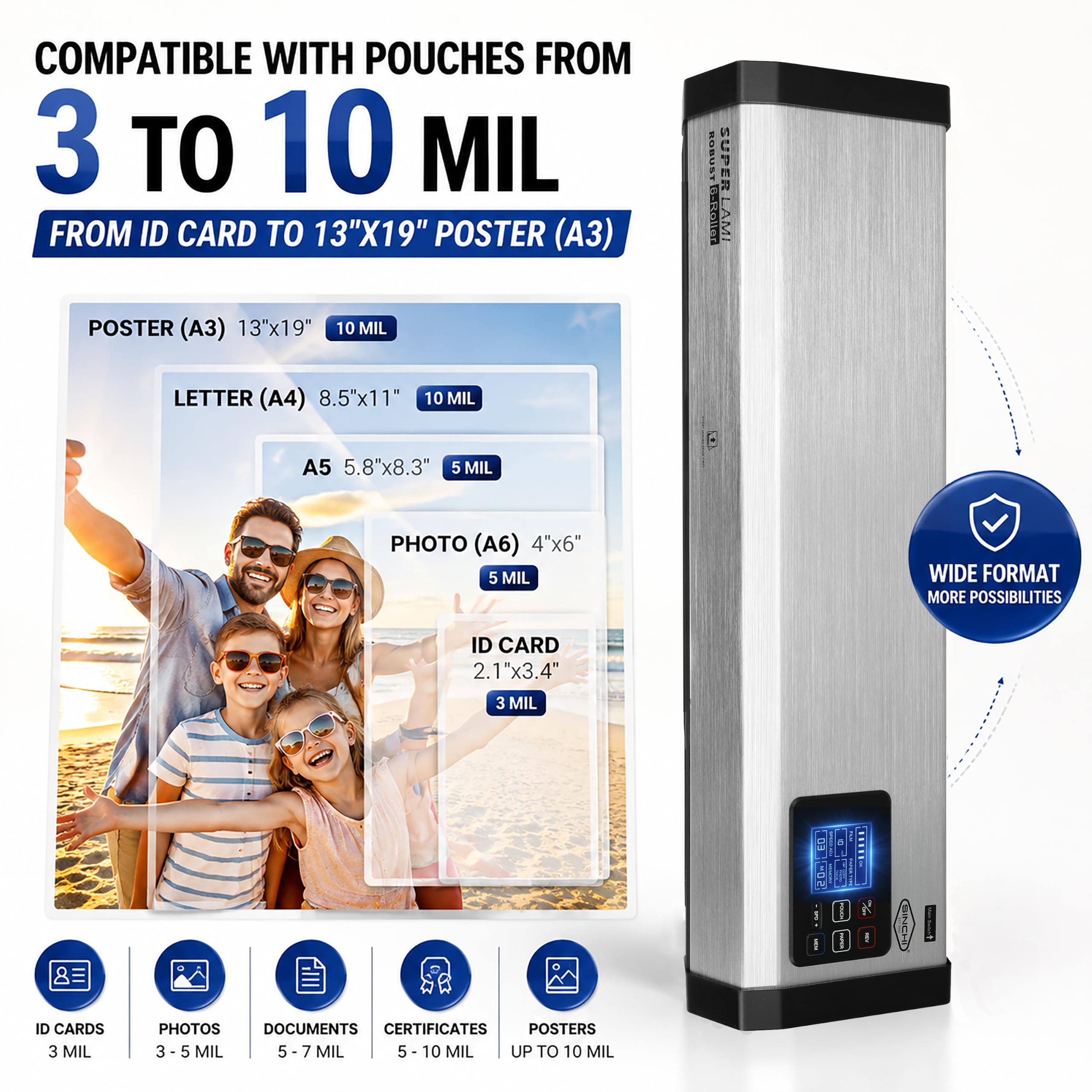 SINCHI Macchina per plastificatrice, robusta 6 rulli con display LCD, resistente 3-10 mil, macchina per laminazione termica da 13 pollici per uso commerciale, riscaldamento di 2 minuti e 90
