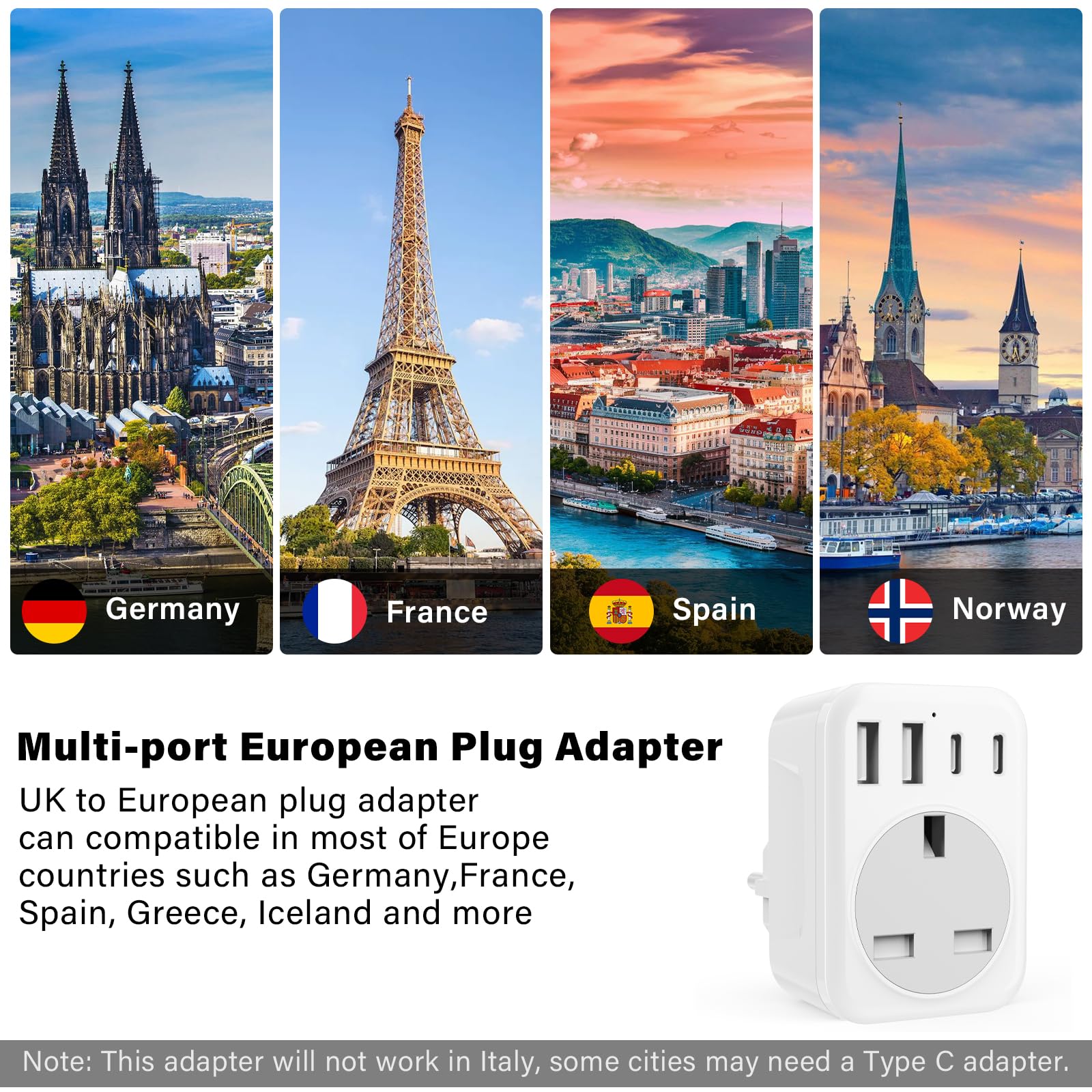 UK To European Plug Adapter,5 IN 1 European Travel Adaptor with 2 USB C & 2 USB A,Grounded EU Plug Adapter for Germany Spain France Turkey Greece etc (Type E/F) — view 5