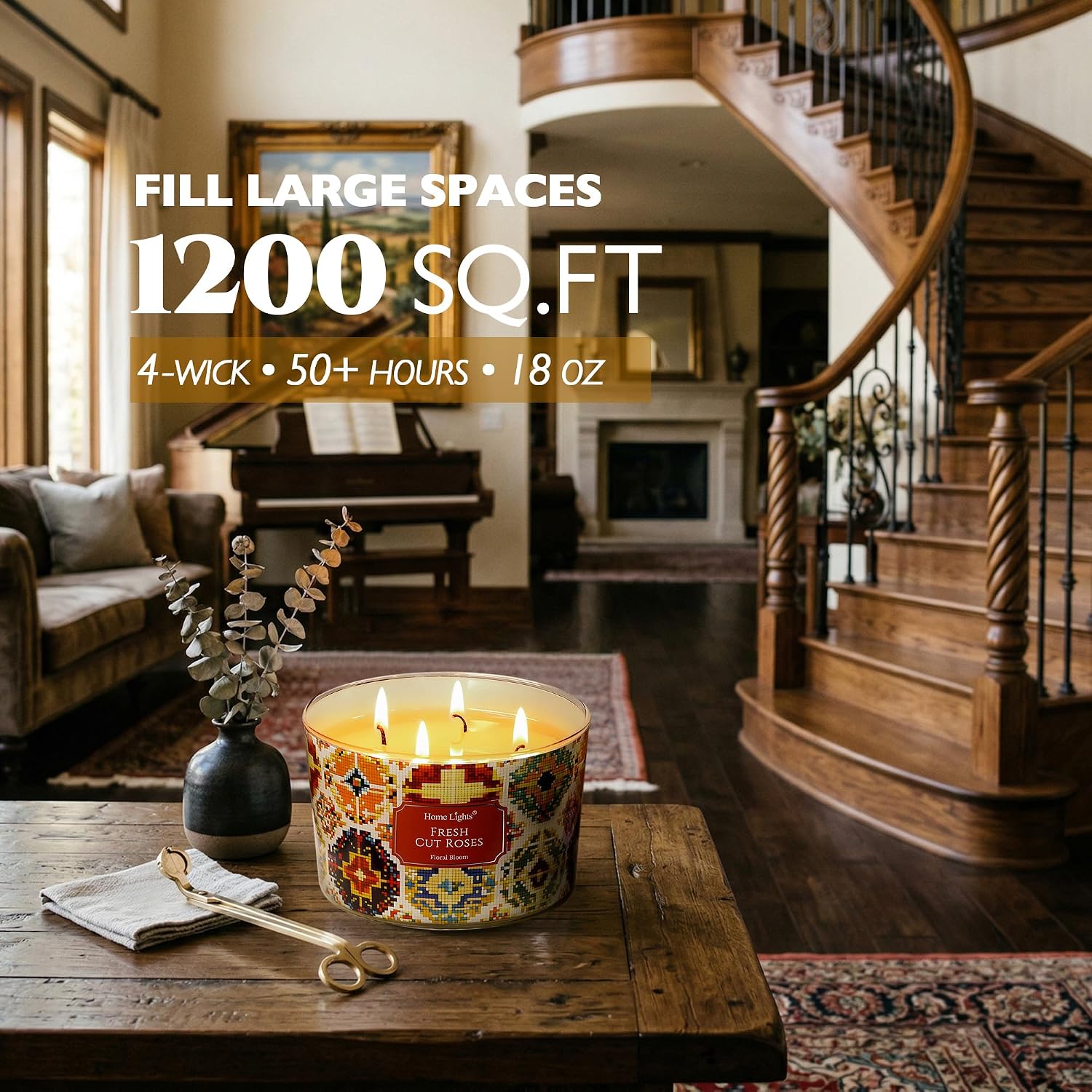 Home Lights 4-Wick Candles for Home Scented - 18oz Soy Wax Candle Long-Lasting Fragrance, Bohemian Natural Textures Home Decor and Housewarming Gifts, Fresh Cut Roses image 3
