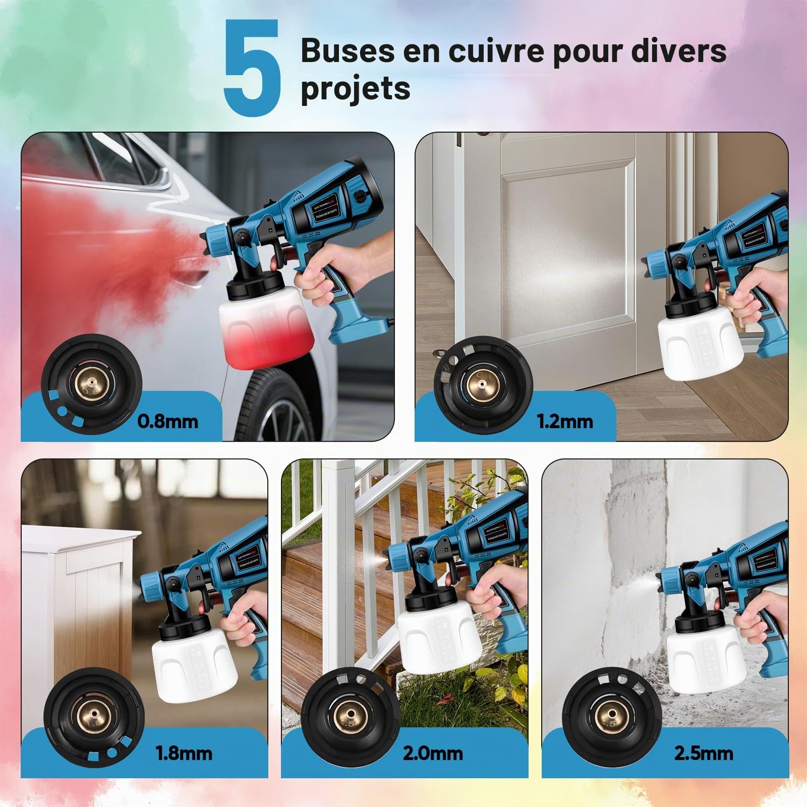 Pistolet a Peinture,800W HVLP Pistolet à Peinture Électrique,5 Buses en cuivre et 3 Motifs, Réservoir de 1400 ML, pour Intérieur et Extérieur de Maison, Armoires, Clôtures, Plafonds(Bleu)