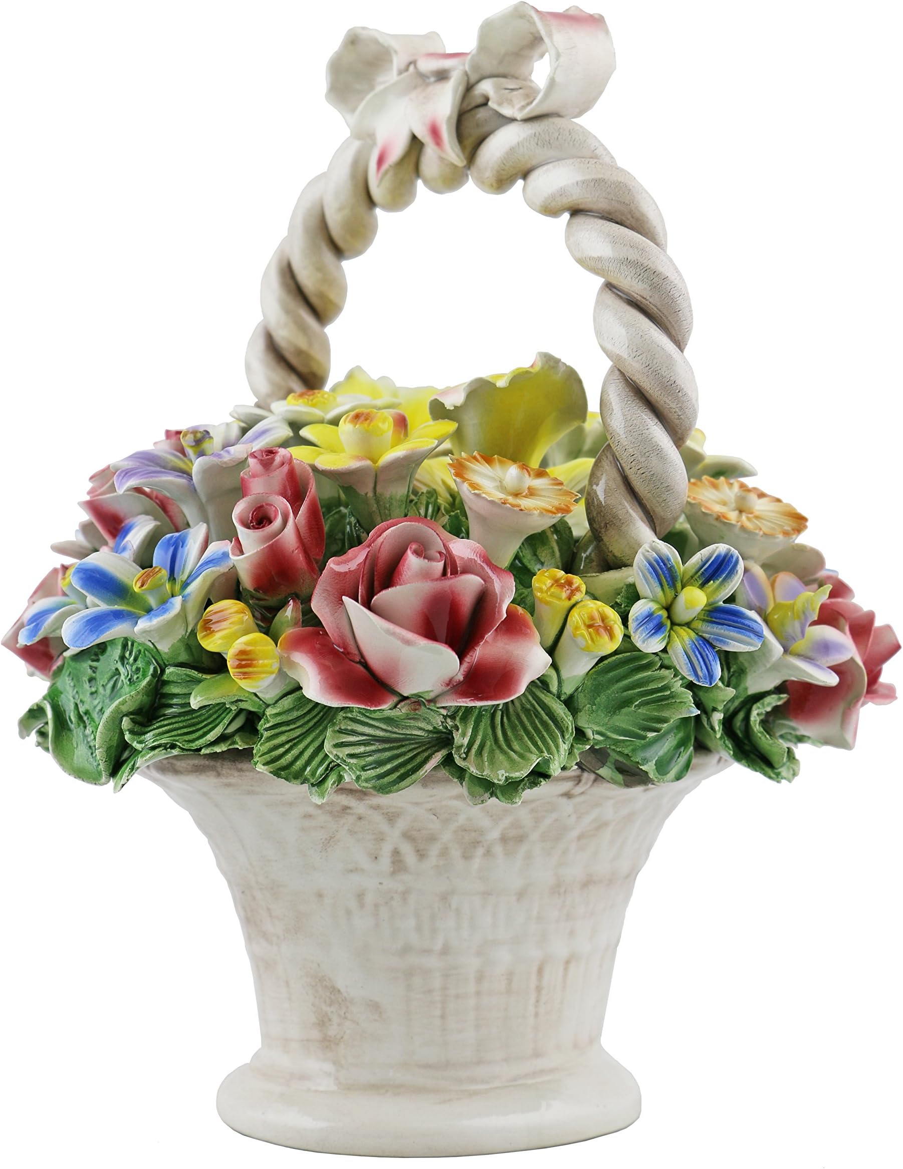 Capodimonte Authentic Handmade Italian Mixed Floral Bouquet Basket Centerpiece