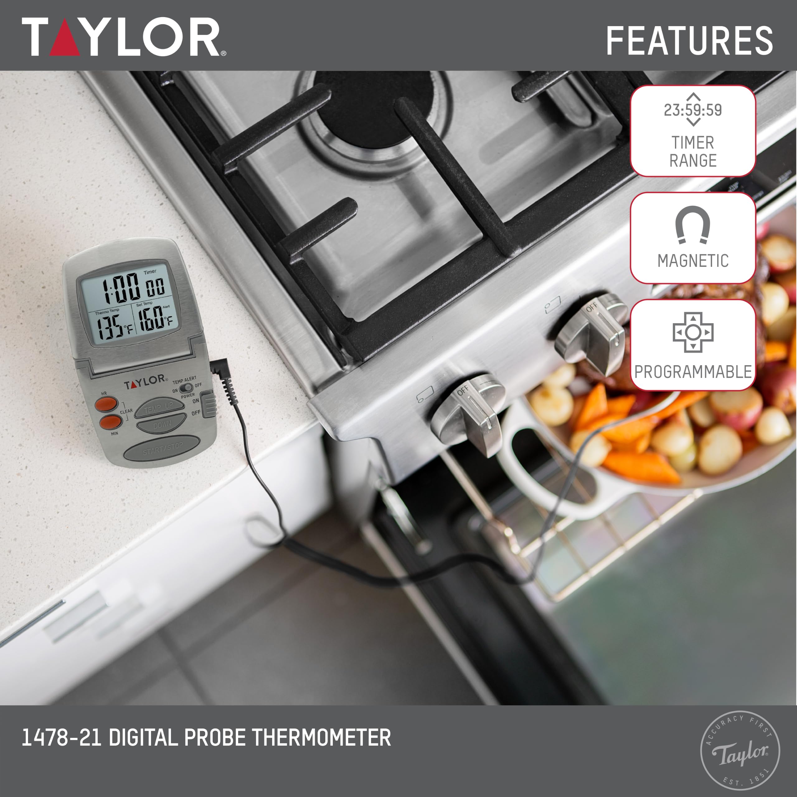 Taylor Precision Products - Termometro digitale programmabile con timer, lettura istantanea, per carne, cibo, barbecue, cucina