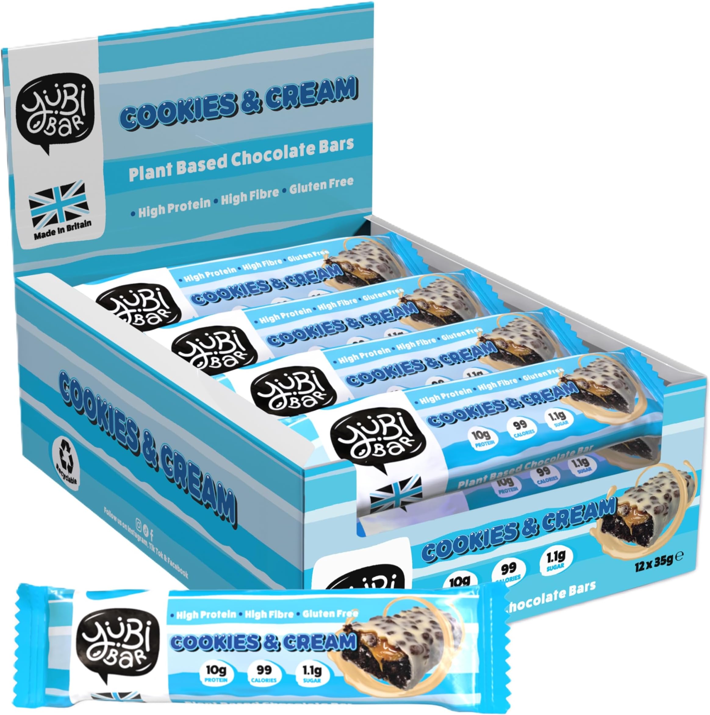 YuBi Cookies & Cream - 12 Pack - Protein Bars - 99 Calories, High Protein, High Fibre, Low Sugar, Gluten Free and Dairy Free - Healthy Snacks/Nutrition Bar - Chocolate Bars - 420g