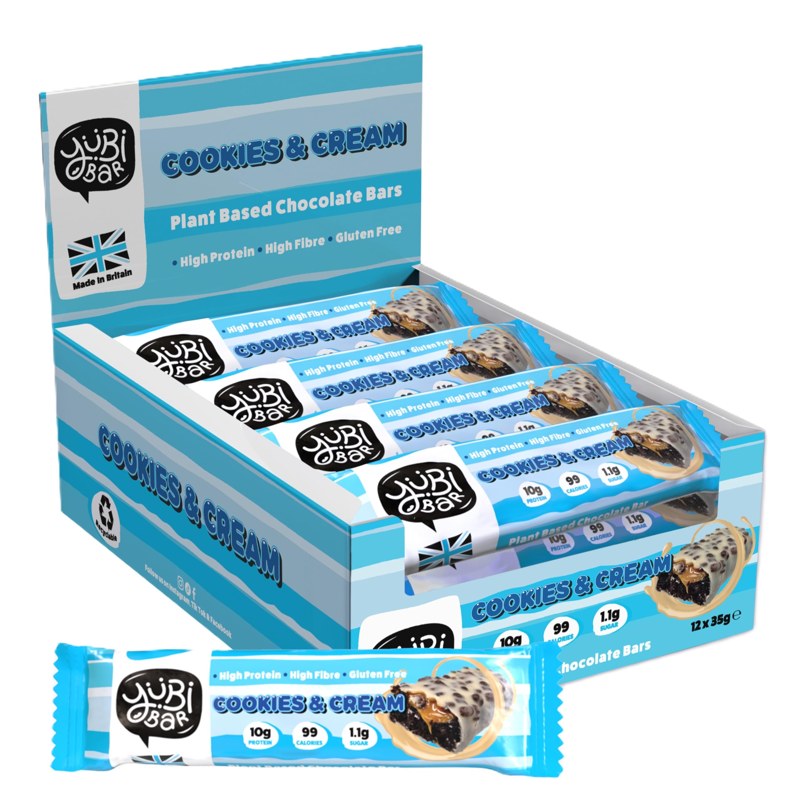 YuBi Cookies & Cream - 12 Pack - Protein Bars - 99 Calories, High Protein, High Fibre, Low Sugar, Gluten Free and Dairy Free - Healthy Snacks/Nutrition Bar - Chocolate Bars - 420g