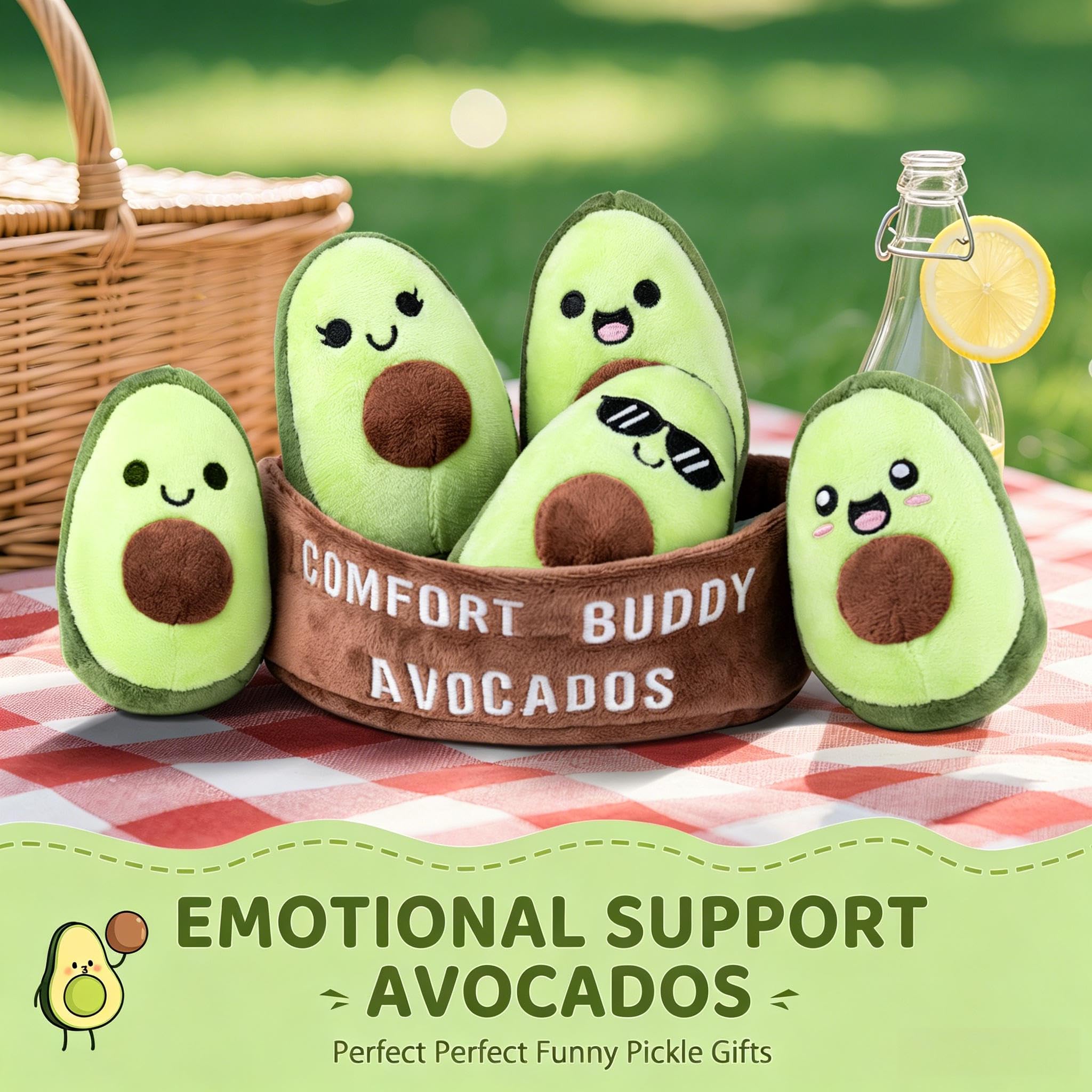 Emotional Support Plush Avocados, Squishy Stuffed Animals and Plushies Set, Includes 5 Emotional Support Food Plushies with Carrying Basket, Cute Stuff and Great Gifts for Women Men