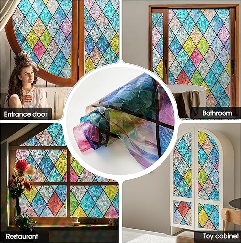 Miniatura 53 de Beautysaid Película de privacidad para ventana, vitral, prisma arco iris 3D, se adhiere a ventanas, bloqueo de calor, tinte para atrapasoles