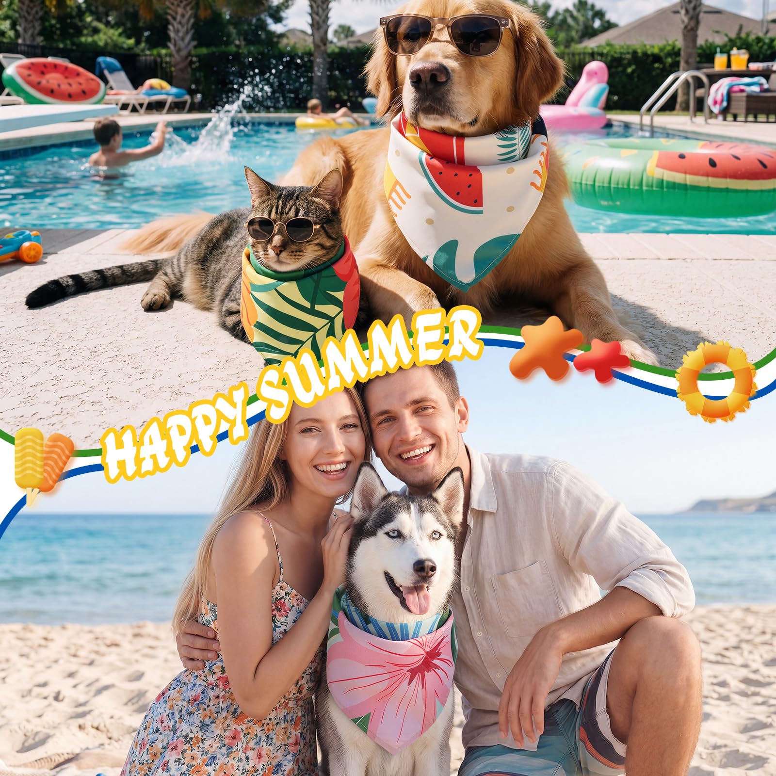 Huhumy 100 bandanas de verano para perros, coloridas bandanas de verano para mascotas, bandanas triangulares a granel para perros medianos y grandes, cumpleaños, vacaciones, playa, aseo personal