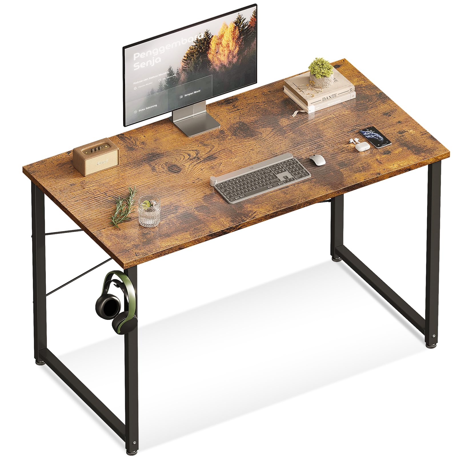 ODK 40 Inches Small Computer Desk, Home Office Desk for Small Spaces, Writing Desk with Headphone Hooks, Vintage