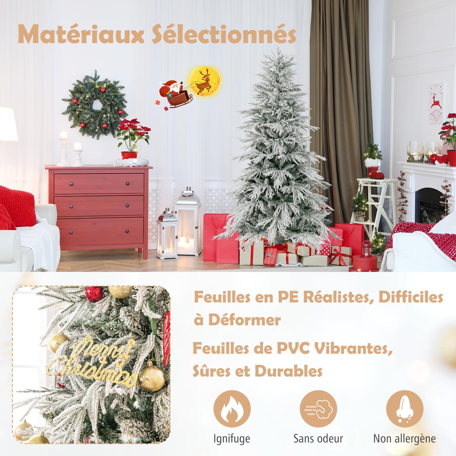 COSTWAY Sapin de Noël Artificiel 180cm avec 594 Branches & 250 Lumières LED Blanc Chaud, Arbre de Noël avec Base en Fer, Décoration pour Maison Bureau Magasins