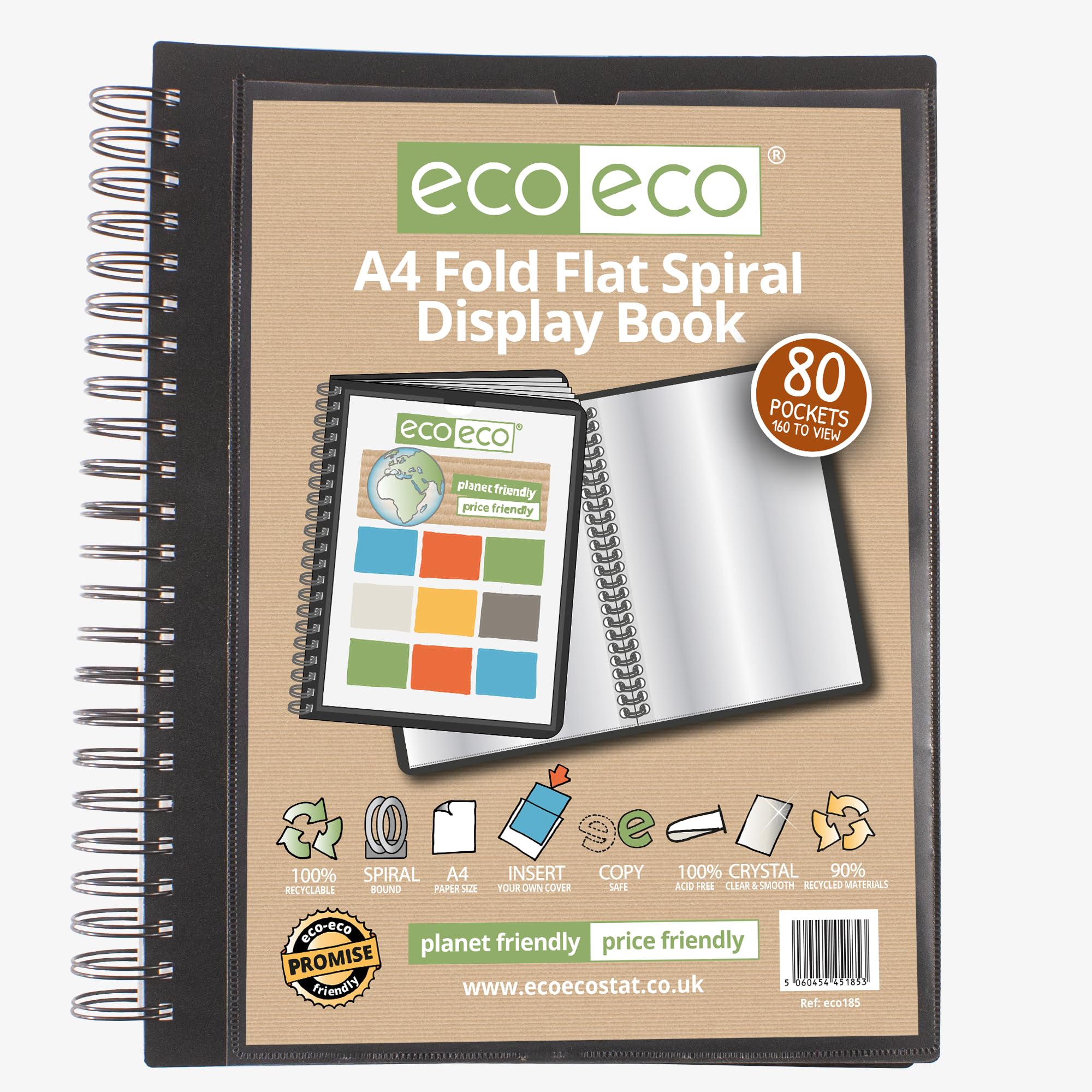 eco-eco A4 90% recycled 80 pocket Fold Flat Spiral Bound display book, eco185, Black