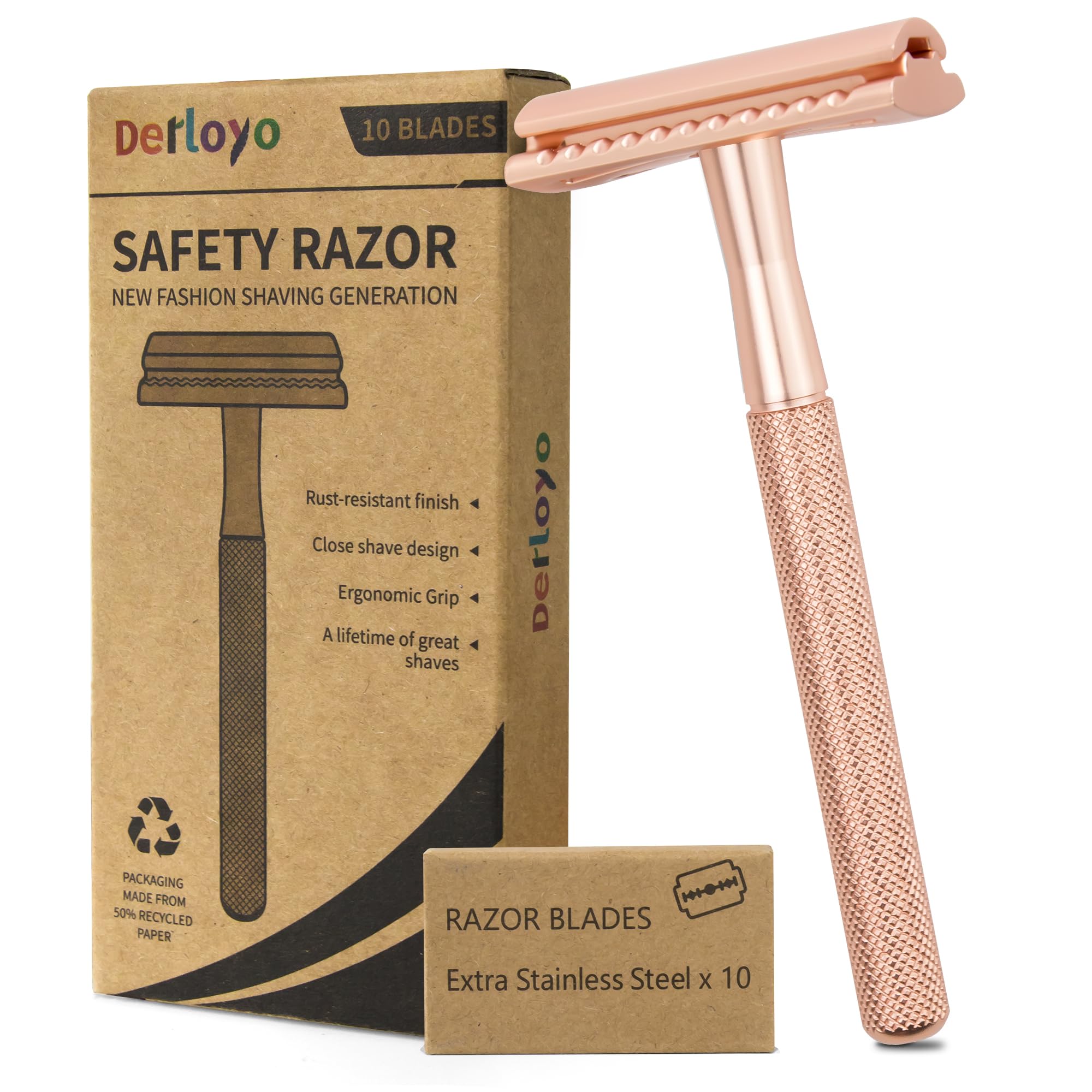 Double Edge Safety Razor for Men, Safety Razor with 10 Platinum Coated Blades, Single Blade Razors for Men & Women, Reusable Metal Razor for Shaving (Rose Gold)