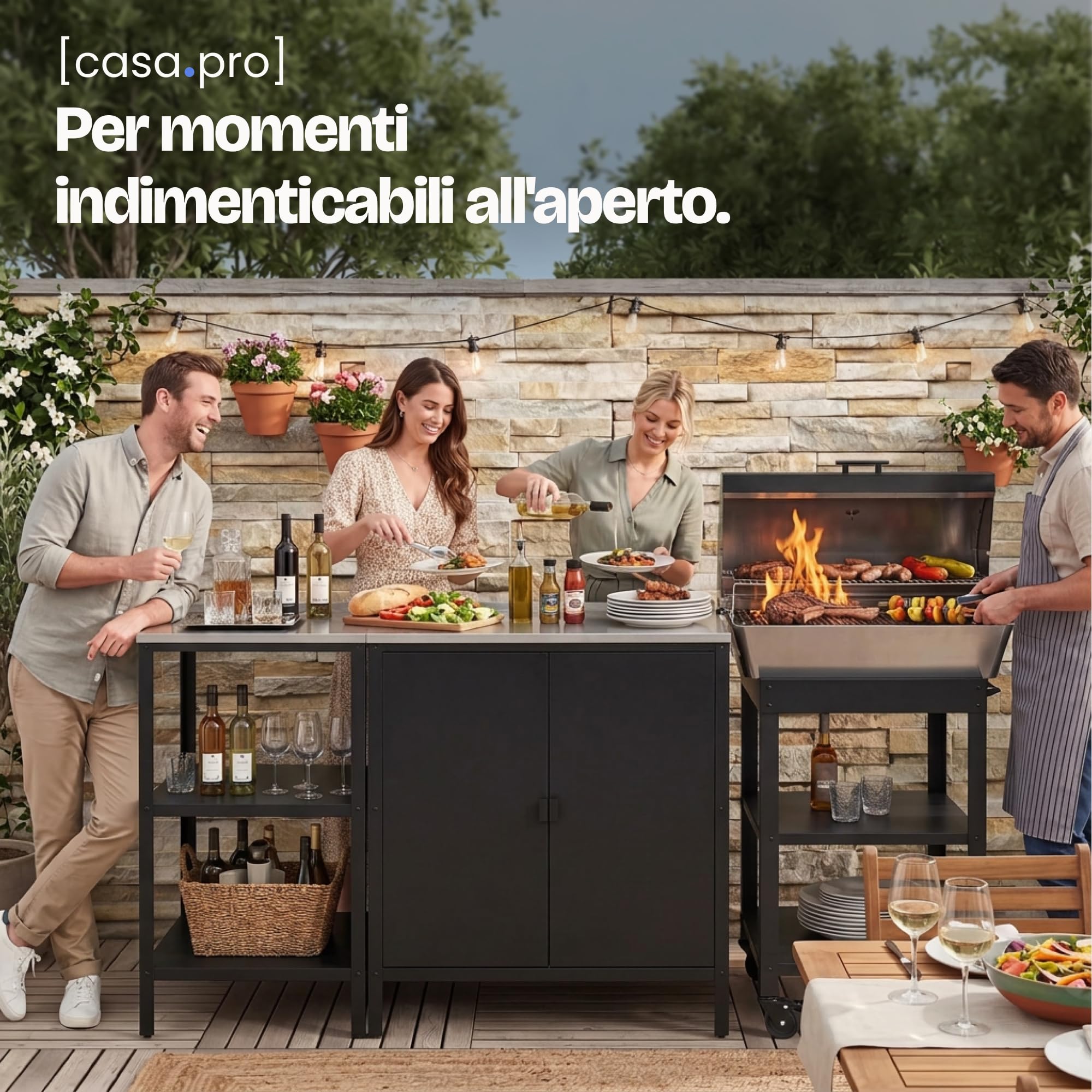 casa.pro Set di Mobili Organizzatori da Esterno Composto di Armadio da Giardino e Bancone in Acciaio con Ripiani Piedini Regolabili per Livellare - Grigio/Nero Opaco