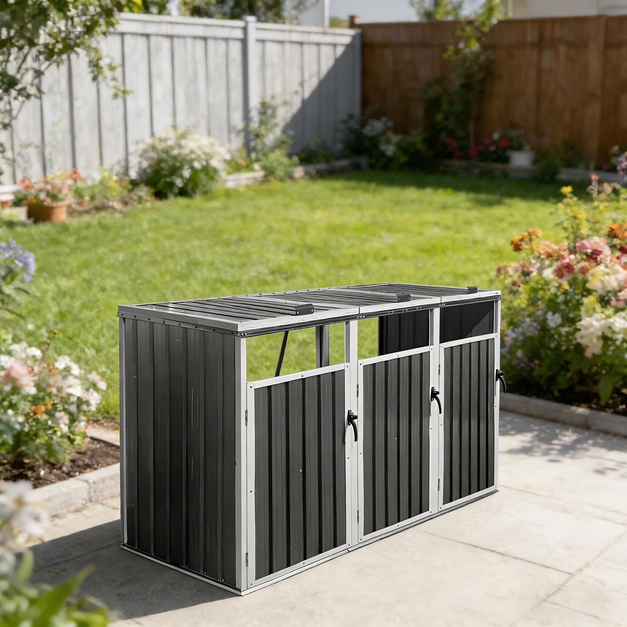 Soporte para cubos de basura de metal, apto para cubos de basura de 240 l y pequeños contenedores de basura, techo protector impermeable para exteriores, armario de herramientas estable para jardín
