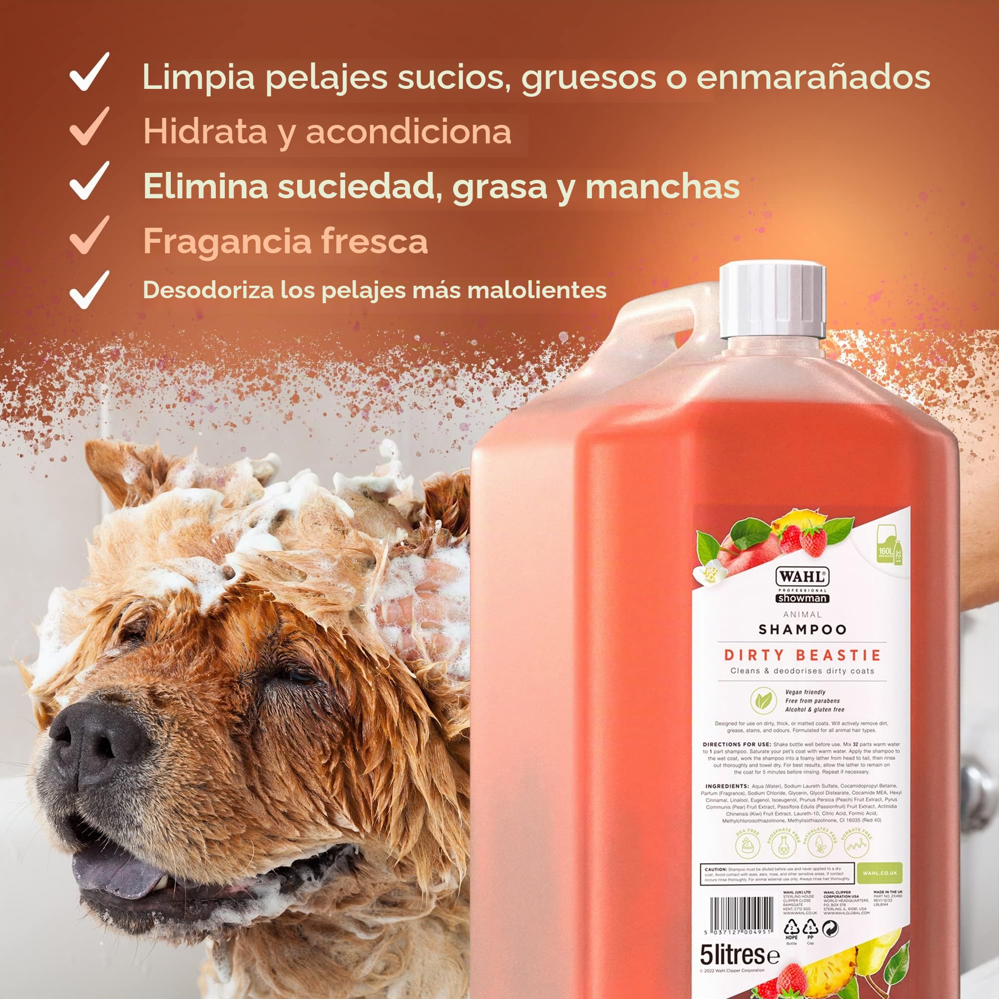 WAHL Dirty Beastie Dog Shampoo - 5 l, Concentrado 32:1, fórmula Vegana para pelajes sucios, Gruesos o enmarañados, Limpia y desodoriza