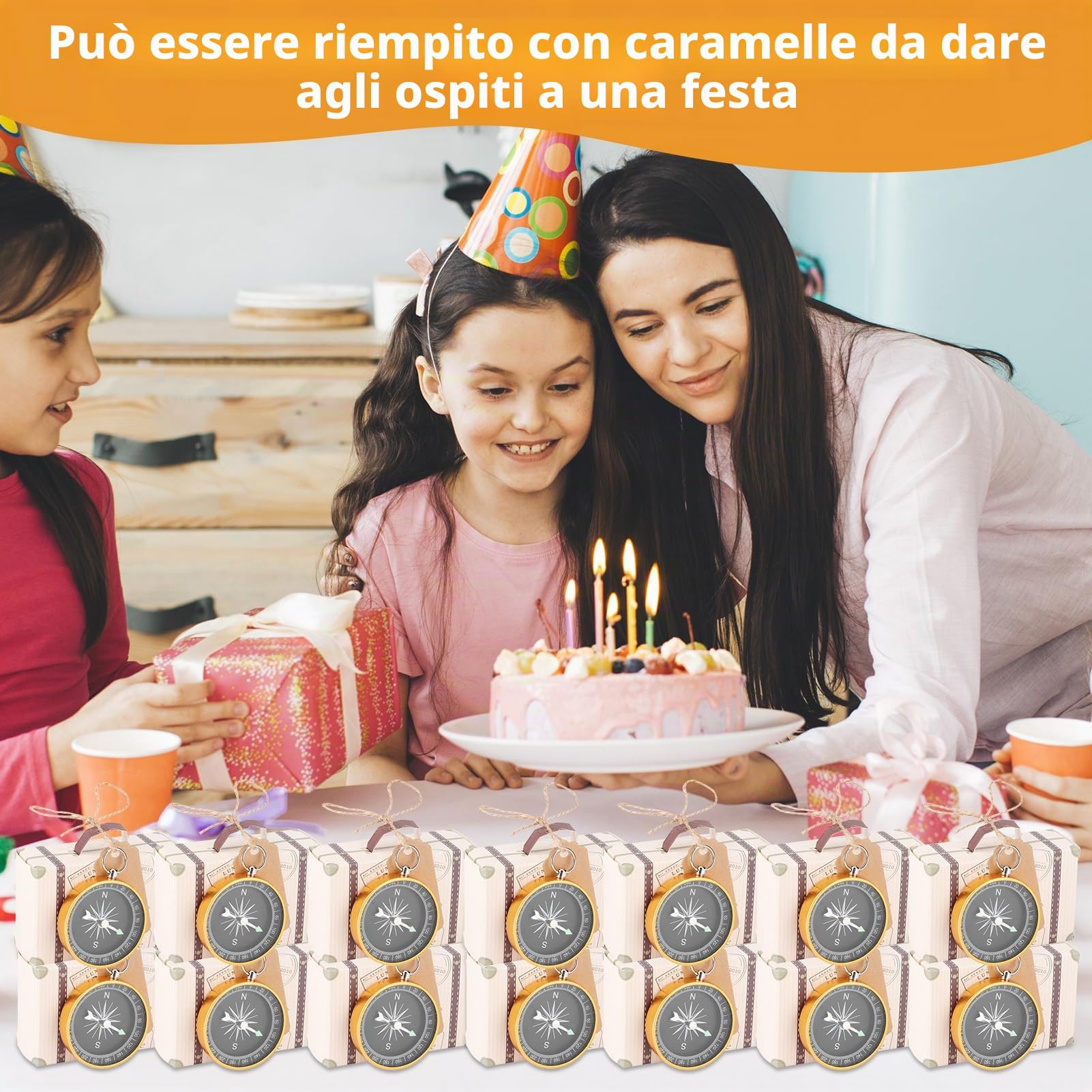Mini Scatola Portaconfetti Valigia da 60 Pezzi, Scatola Portaconfetti da Viaggio Per Bomboniere in Cartone Kraft con Etichette, Spago di Tela E Bussola Per Feste a Tema Viaggi[Oro]