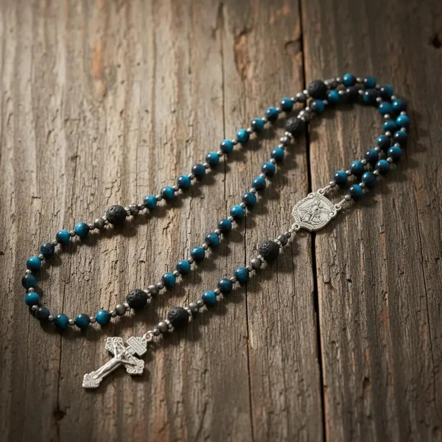 Nazareth Store Blue Tigers Eye Catholic Rosary Necklace for Men with Saint Medal & Our Father Cross Strong Men Catholic Gifts - Image 3