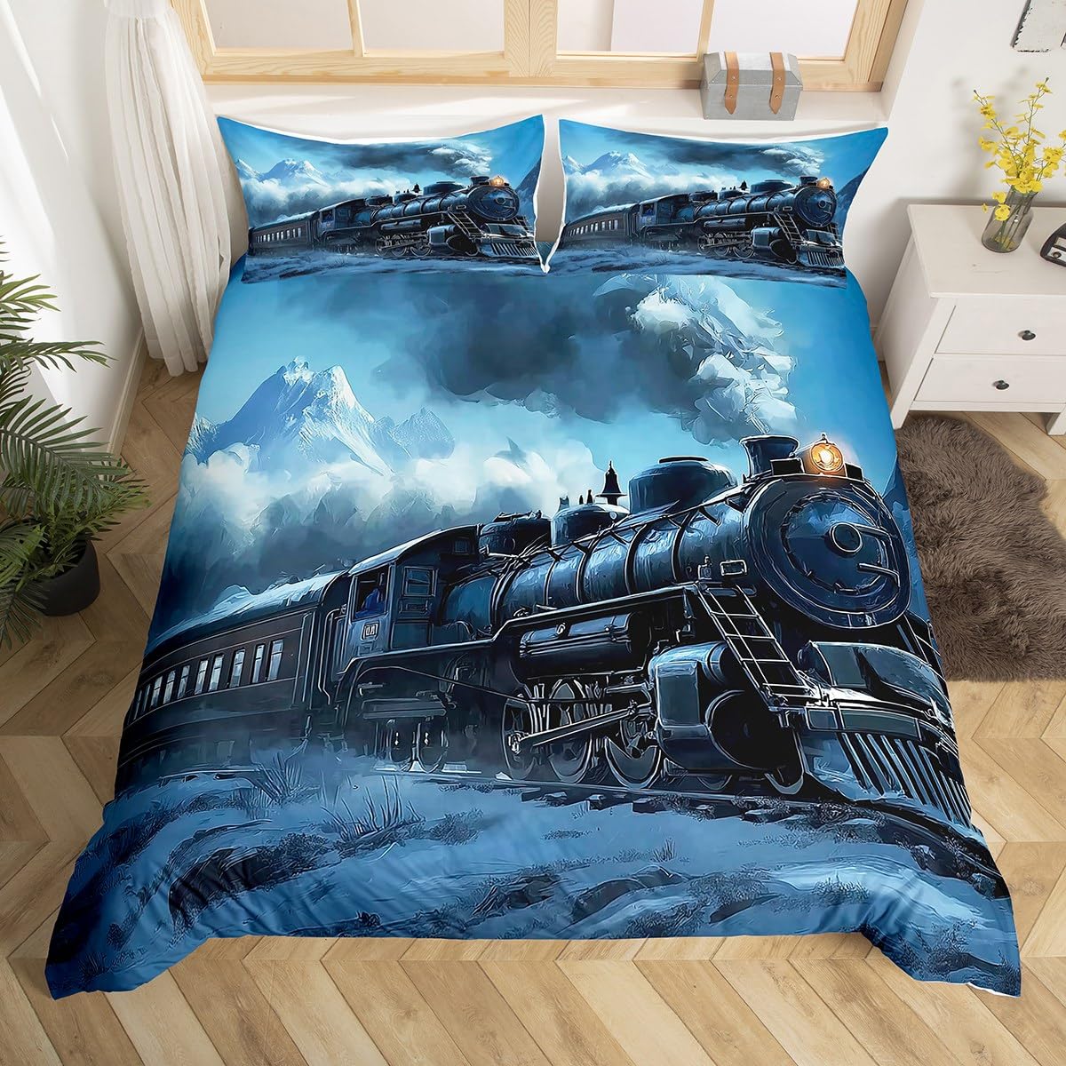 Homewish Kids Train Duvet Cover Super King,Vintage Steam Train Bedding Set for Boys Men,Snow Mountain Scene Bed Set Transportation Vehicle Duvet Cover 3Pcs Bedroom Decor (No Comforter)