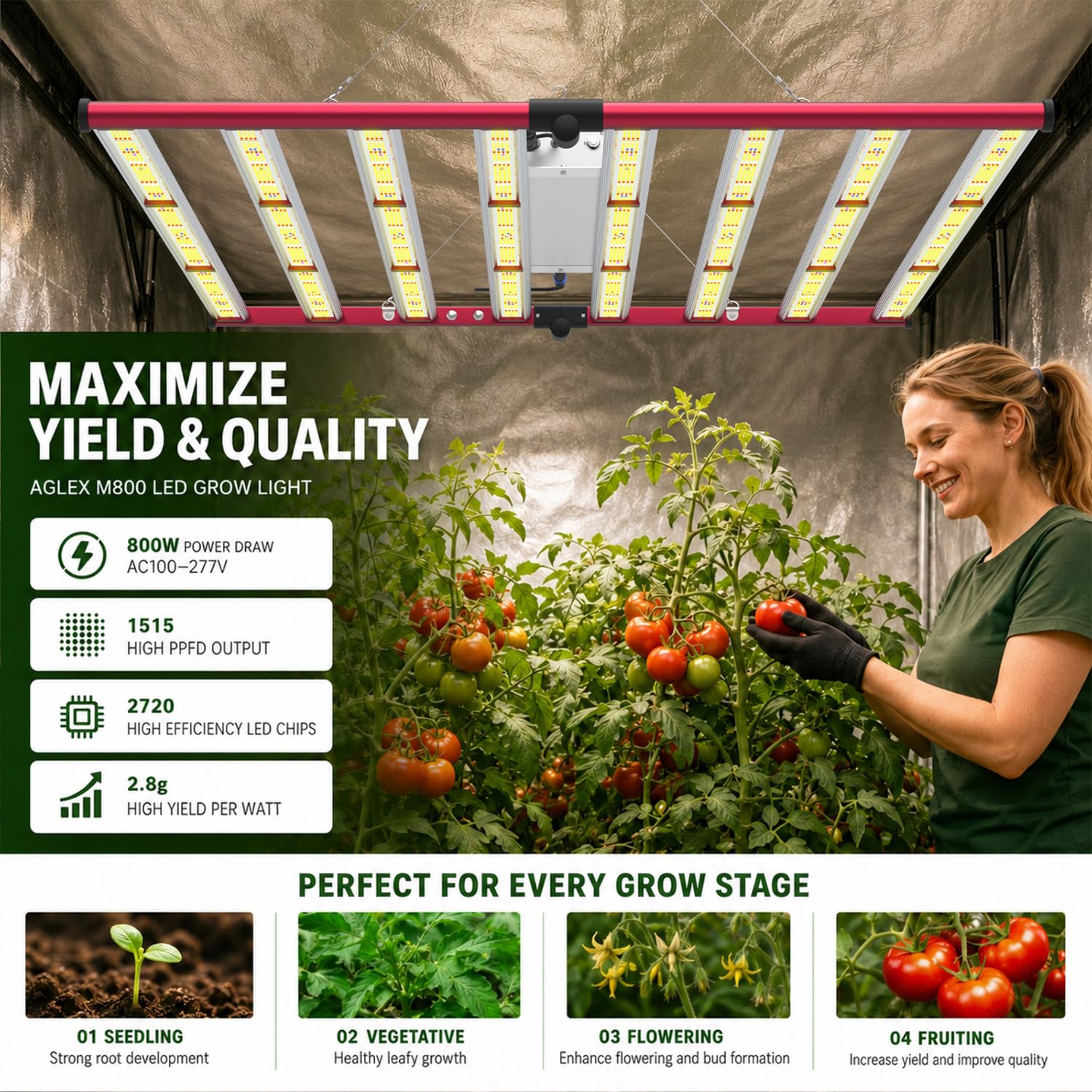 AGLEX 800W Luces de Cultivo, LED Grow Light Luz de Espectro Completo con UV IR, Enlace en Cadena Daisy, Estilo de Barra de Luz de Plantas Plegable y Regulable, Cobertura Central 6x6 pies