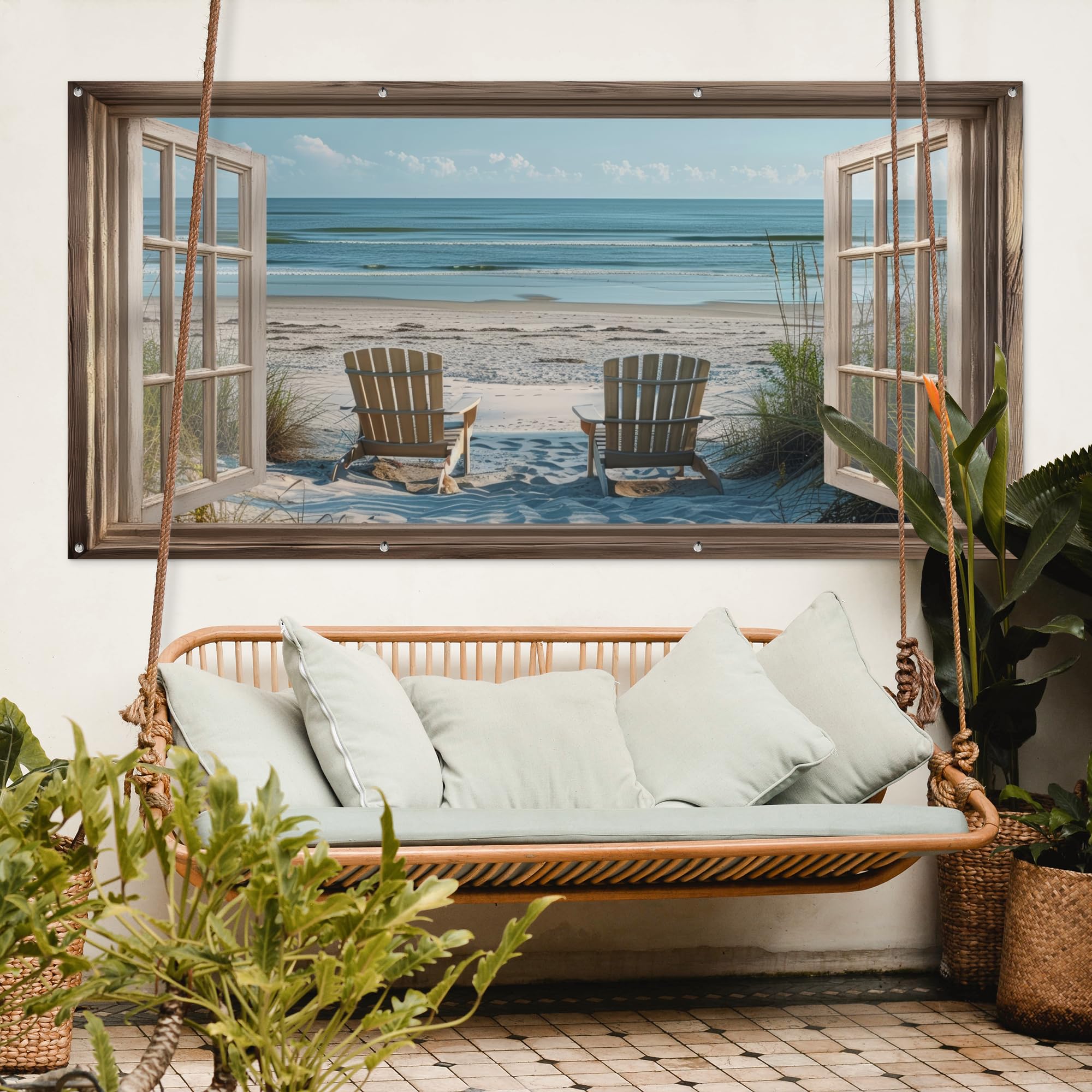 MuchoWow© Póster De Jardín 200x100 cm Terraza Exterior Accesorios Jardin Decoracion Pared Decorativa Balcon Wall Decoration Posters Decorativos Transparente - Sillas Playa - Dunas - Mar
