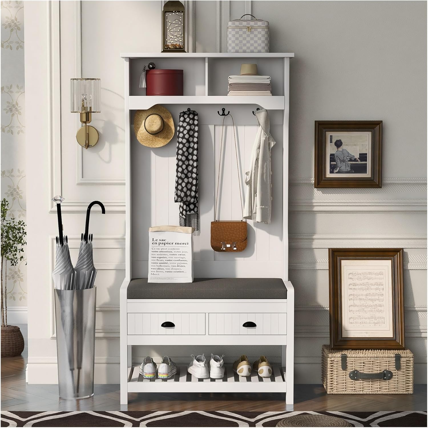 Hall Tree with 4 Hooks and Hinged Lid, Coat Hanger, Entryway Bench, Storage Bench, 3-in-1 Design