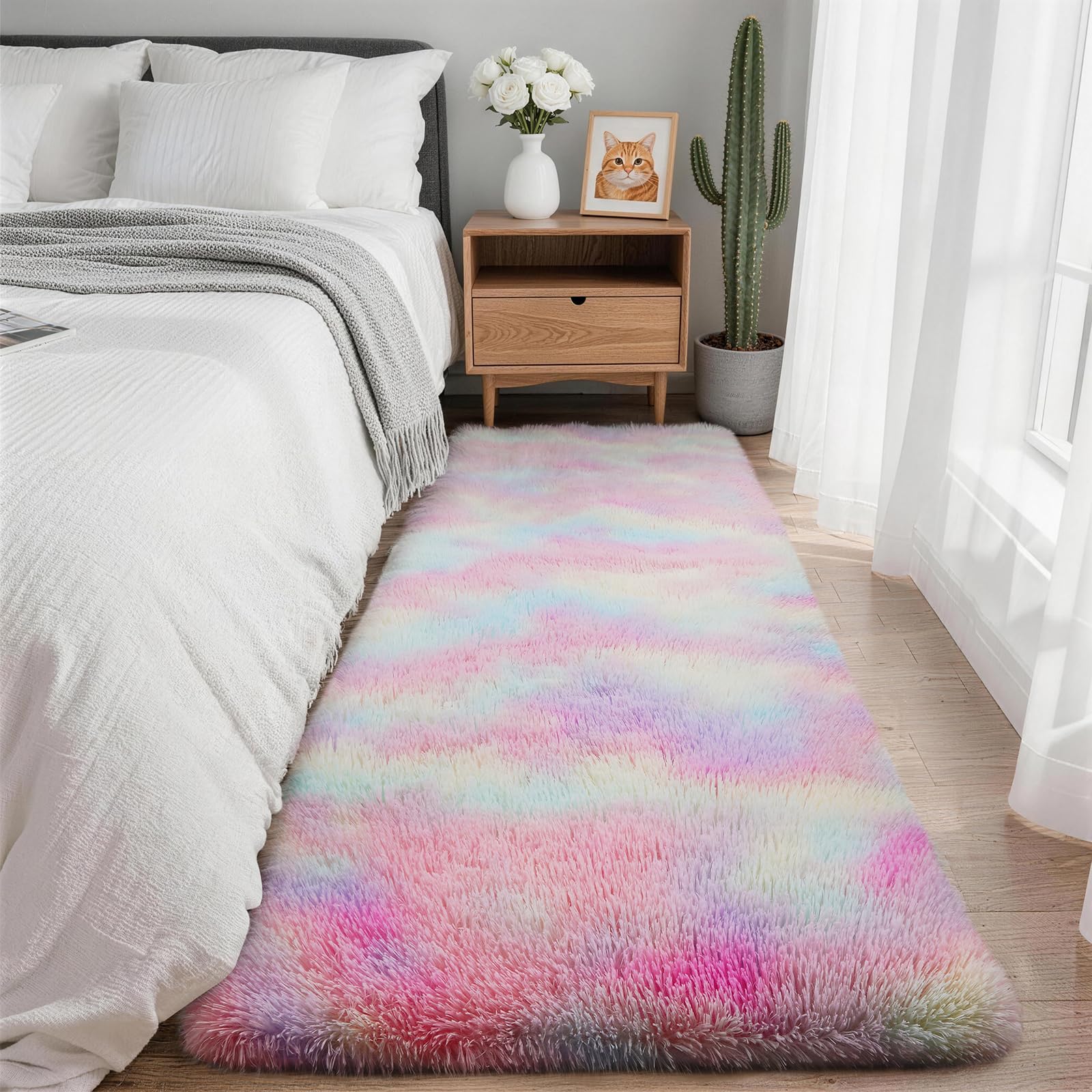 SOANNY Runner Rug, Long Soft Plush Fluffy Tie-Dye Carpet, Non-Slip Machine Washable for Living Room, Hallway, Entryway, Bedroom, Dorm, Bedside, Office, Kitchen, Sofa, 60x240 cm, Blush Rainbow — image 1