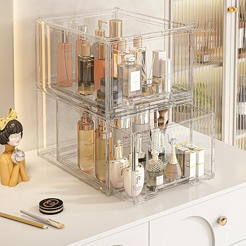 Miniatura 5 de Paquete de 2 cajones de almacenamiento apilables de plástico, organizadores de cajones de escritorio transparentes, organizador de almacenamiento de