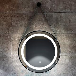 ACiyD Espejo De Baño Redondo con Marco De Hierro De Luz Blanca Led Iluminado con Eslinga Y Almohadilla Demister Espejo De Maquillaje con Sensor Táctil, 2 Colores,Tamaño: Φ60/70Cm (Marrón C) (Negro a)