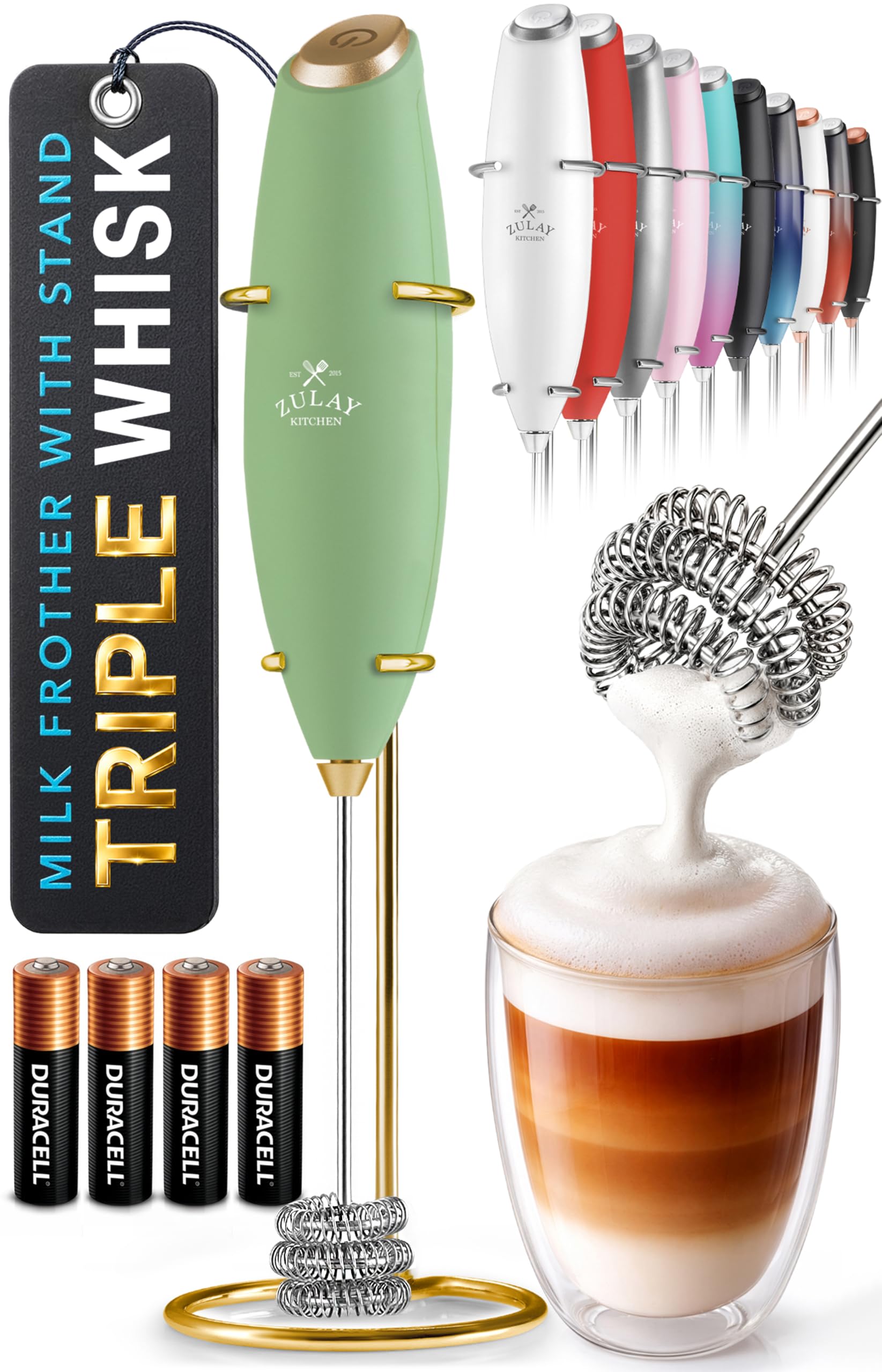 Zulay Kitchen Powerful Milk Frother Wand With Duracell Batteries - Ultra Fast Handheld Drink Mixer - Electric Whisk Foam Maker for Coffee, Lattes, Cappuccino &amp; Matcha - Triple Whisk - Olive Gold