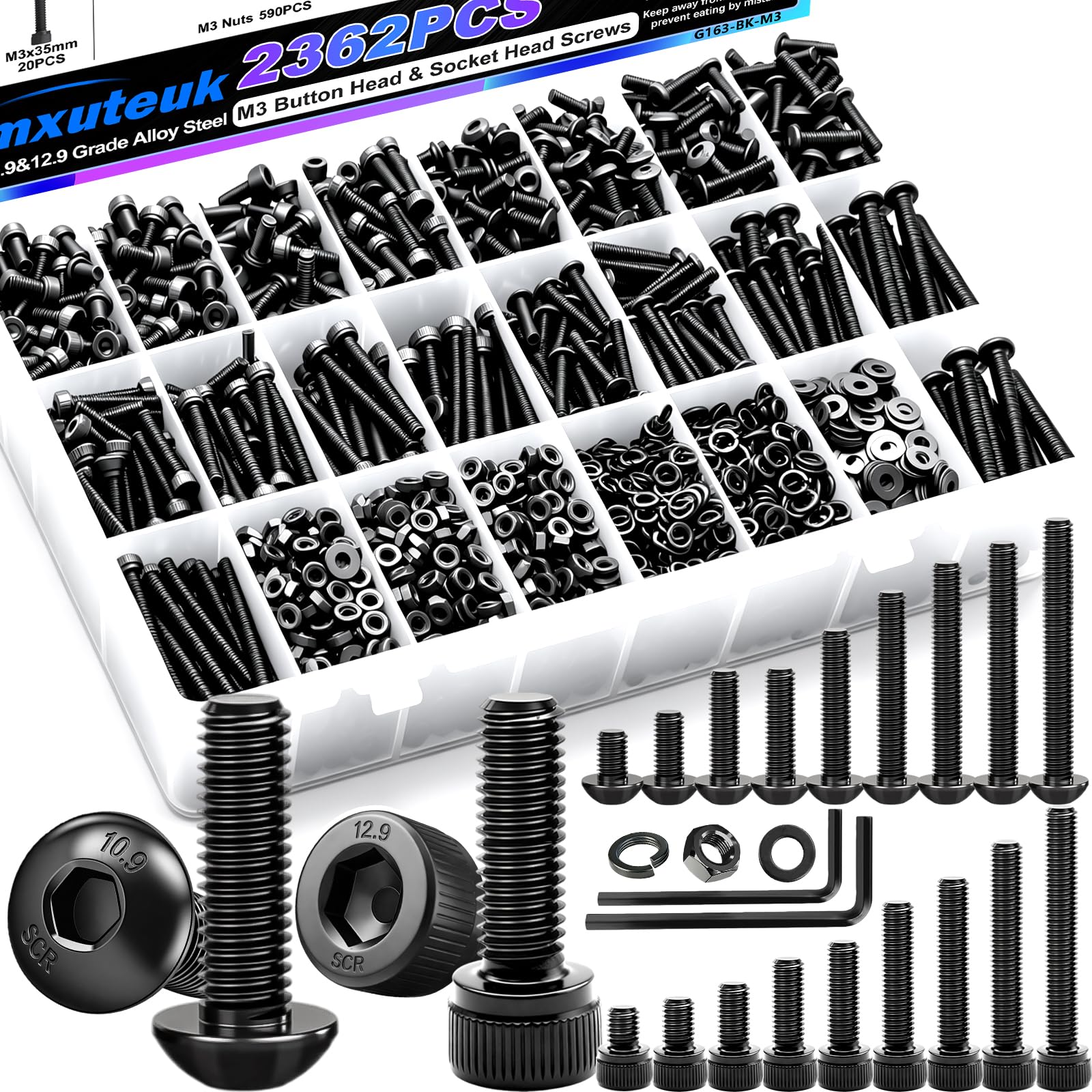 mxuteuk 720PCS M3 Screws Kit,M3×6/8/10/12/16/20mm M3 Screws Assortment Kits,12.9 Alloy Steel M3 Hex Socket Head Bolts Nuts Washers Set Suitable for 3D Printer,DIY — Amazon image 8