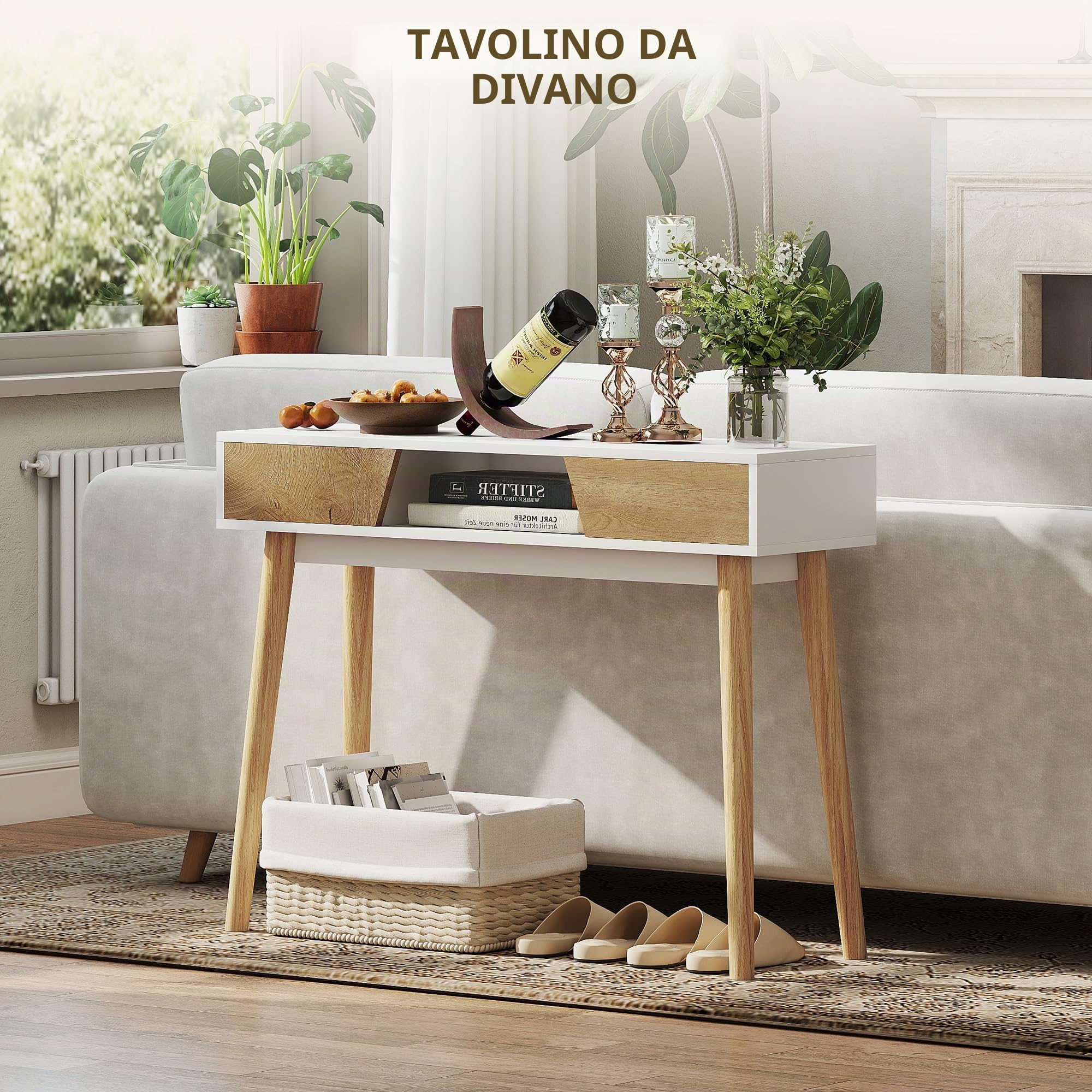 HOMCOM Tavolo da consolle stretto per corridoio e ingresso tavolo da divano moderno con 2 cassetti, scomparto e gambe in legno, per corridoio, ingresso soggiorno, camera da letto, bianco