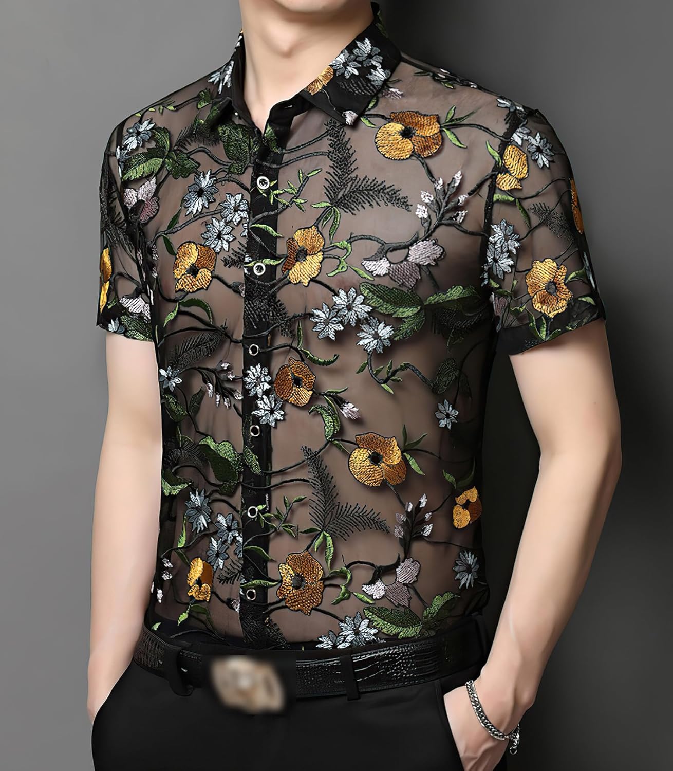 Mens Pattern Short Sleeve Shirts Button Down Slim Fit