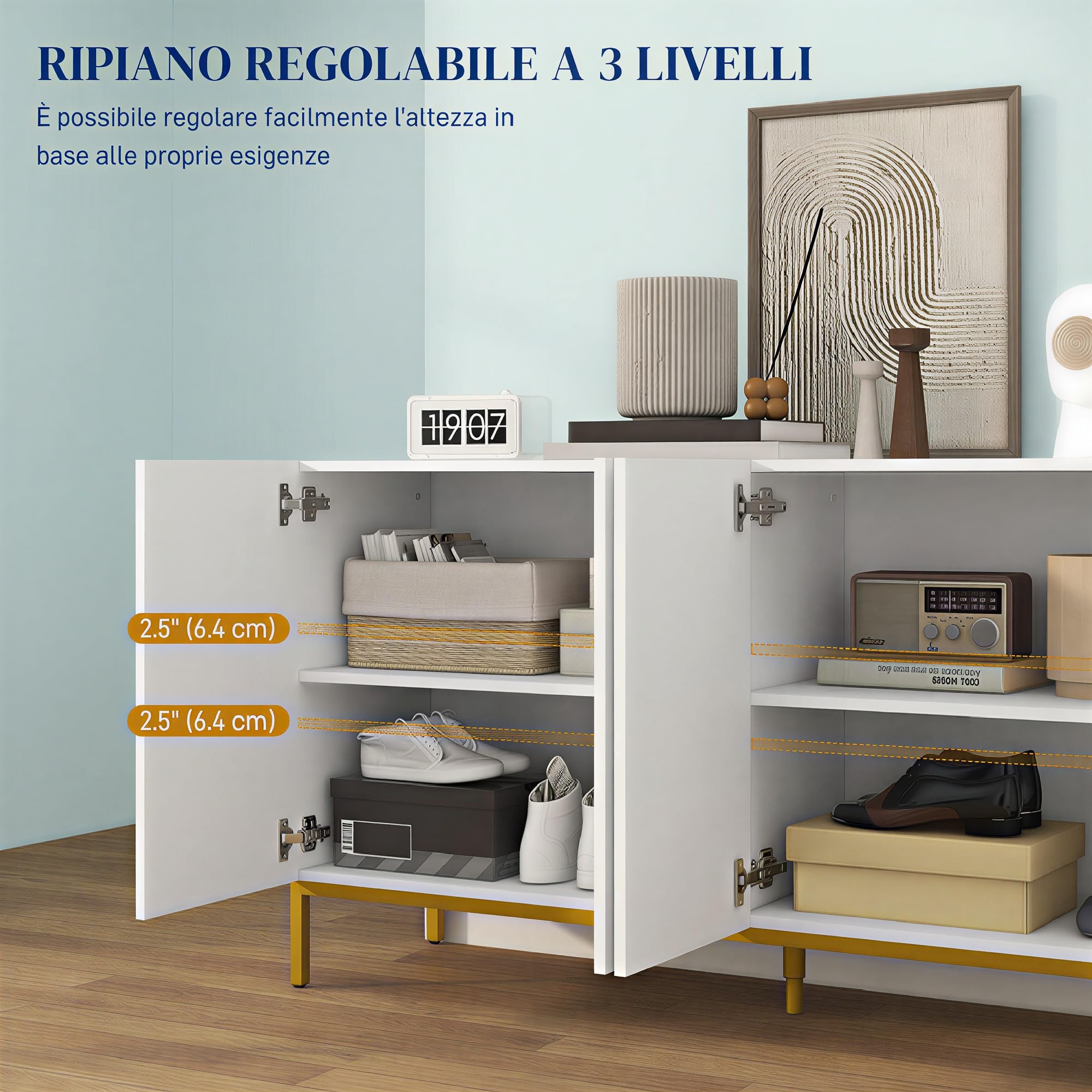 HOMCOM Credenza Moderna con 4 Ante e Mensole Regolabili Mobile da Soggiorno e Salotto con Chiusura Soft Close Bianco e Oro