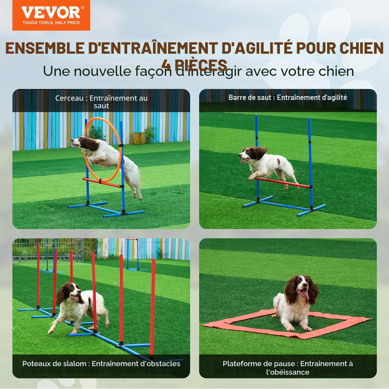 VEVOR Équipements d'Entraînement Agilité pour Chien, Ensemble 4PCS, Parcours Obstacles pour Chiot, avec Haies Hautes Réglables, 6 Poteaux, Anneau de Saut, Boîte de Pause Carrée, Sifflet, Bol Pliable