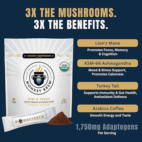 Miniatura 3 de Monkey Brew Rise & Focus Café de Hongos Orgánico USDA  Aumenta el Enfoque, Energía, Inmunidad y Estado de Ánimo  1,750mg de Adaptógenos Melena de
