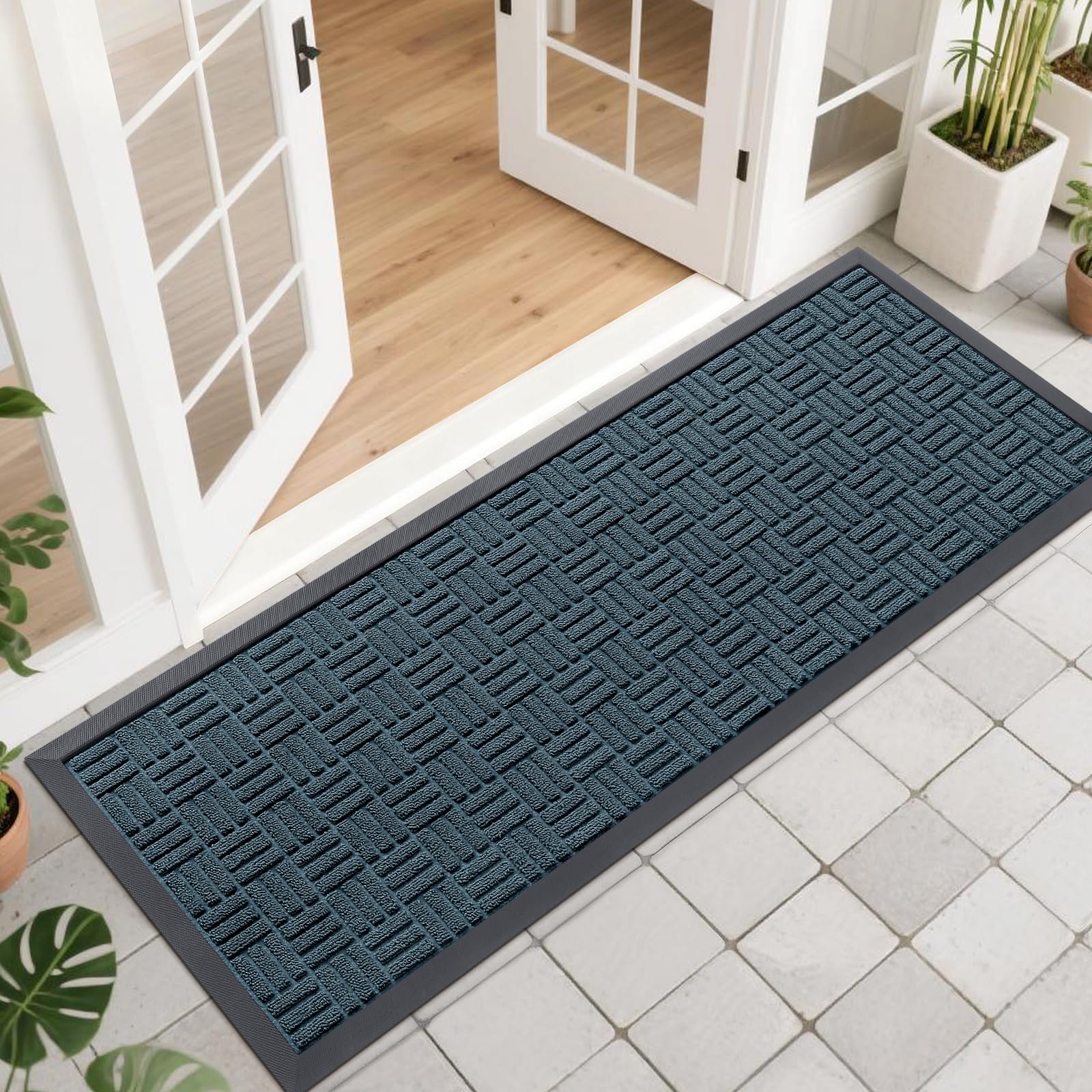 OLANLY Front Door Mat Outside Entrance 47x17, Absorbent, Heavy Duty Sturdy Natural Rubber Doormat Indoor Outdoor, Non-Slip, Stain and Fade Resistant, Low Profile Floor Mat for Entryway, Lake Blue