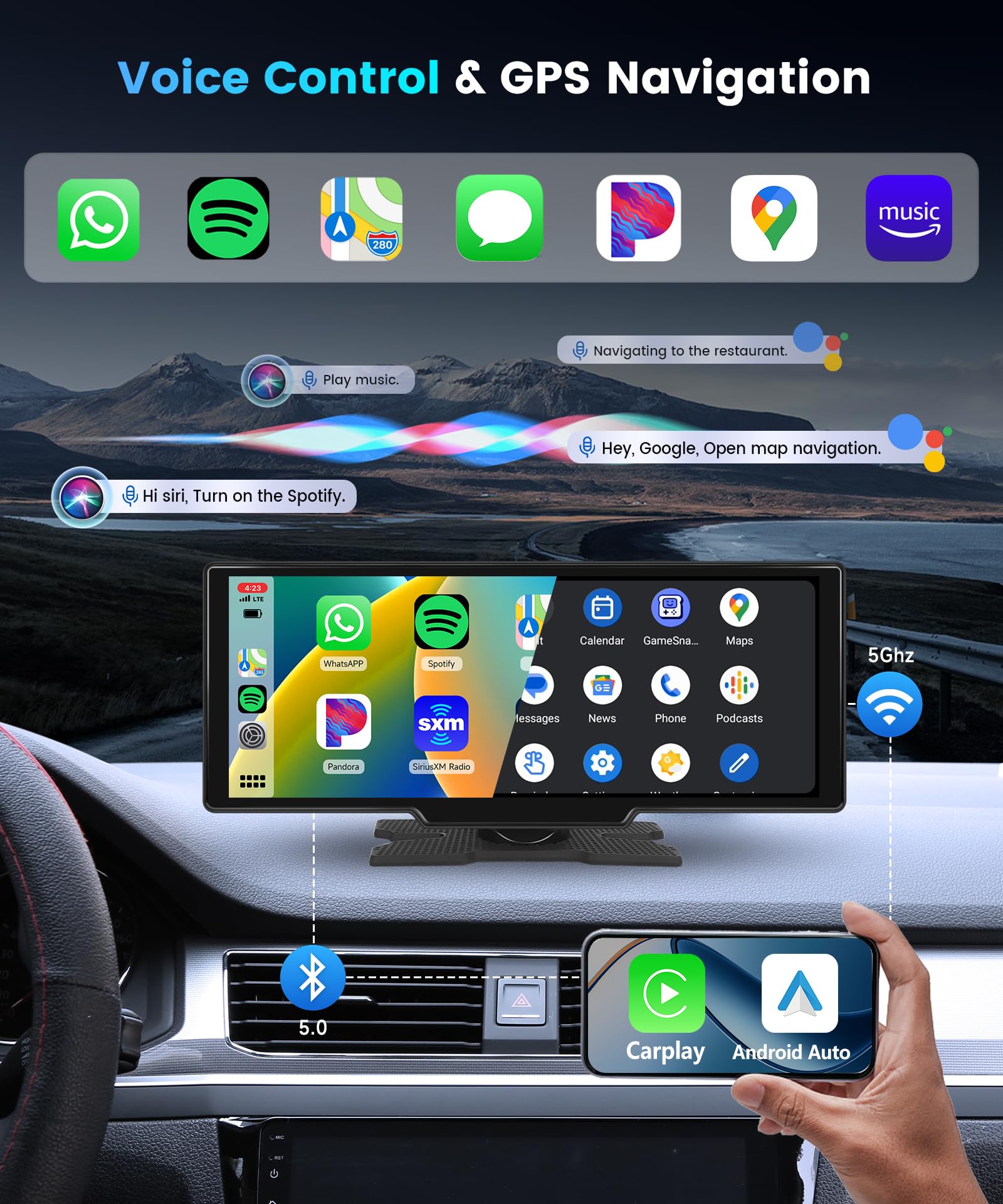 Podofo Radio de Coche portátil inalámbrica A-pple Carplay&Android Auto, Radio Bluetooth con Pantalla CarPlay de 10,26" con Enlace a Espejo/Control de Voz/Mapas GPS/TF/Entrada AUX para Coche camión